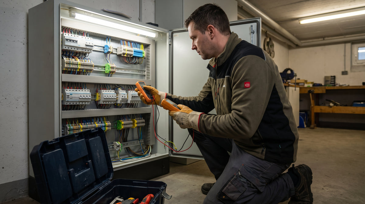 Geöffneter Verteilerkasten mit geordneten Hutschienen, ein Heimwerker mit Multimeter und Arbeitshandschuhen davor