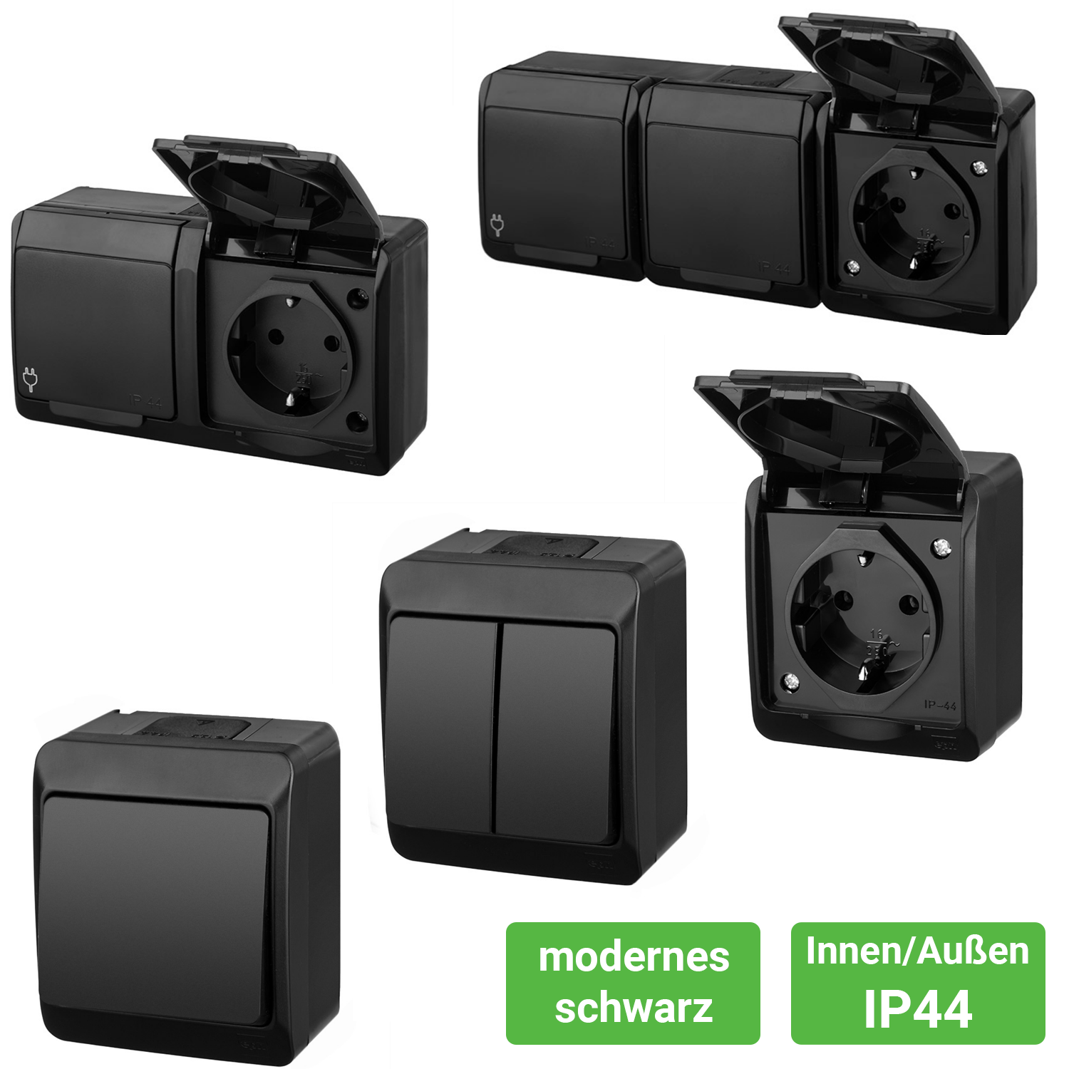 Aufputz-Serie schwarz IP44 (Lichtschalter / Wechselschalter, Doppelschalter, Klingeltaster, 1-fach / 2-fach / 3-fach Steckdose)