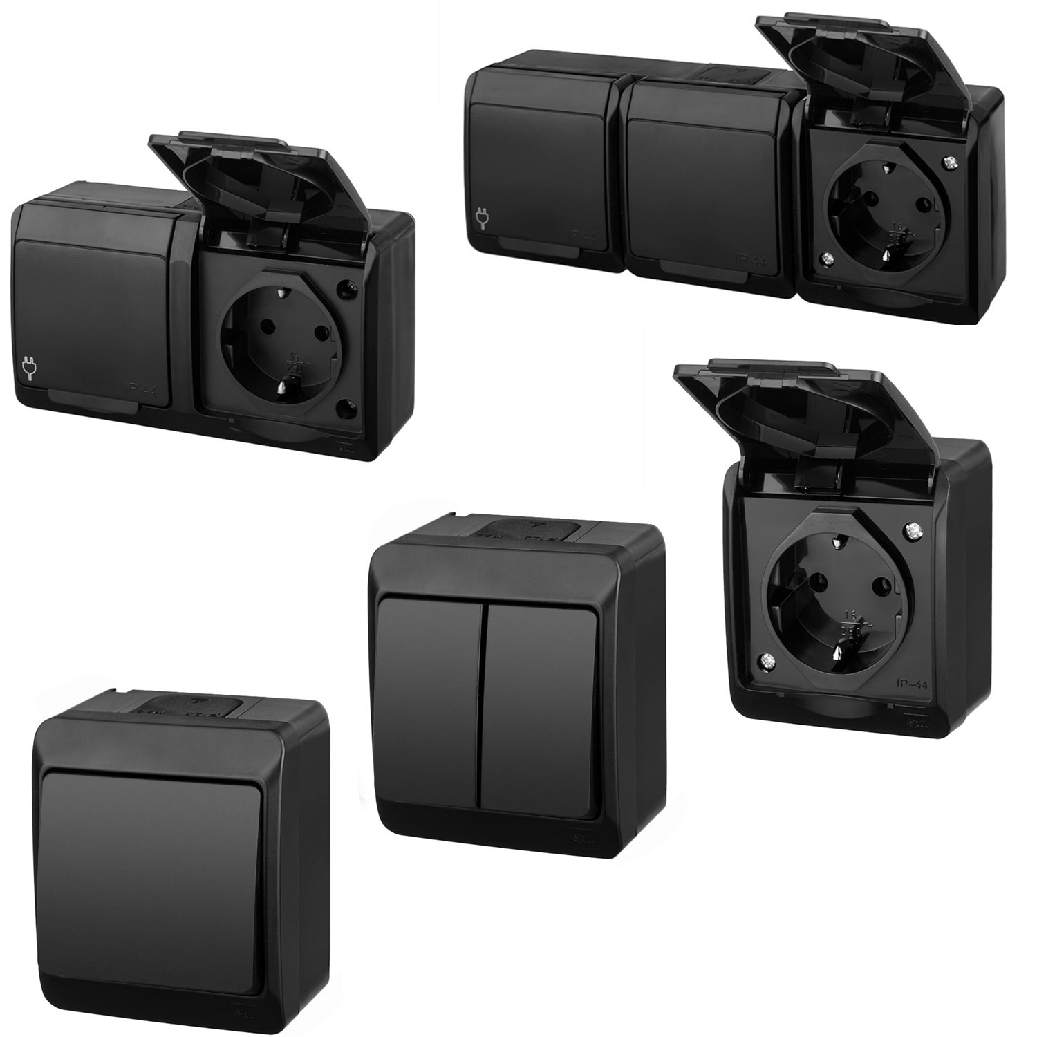 Aufputz-Serie schwarz IP44 (Lichtschalter / Wechselschalter, Doppelschalter, Klingeltaster, 1-fach / 2-fach / 3-fach Steckdose)