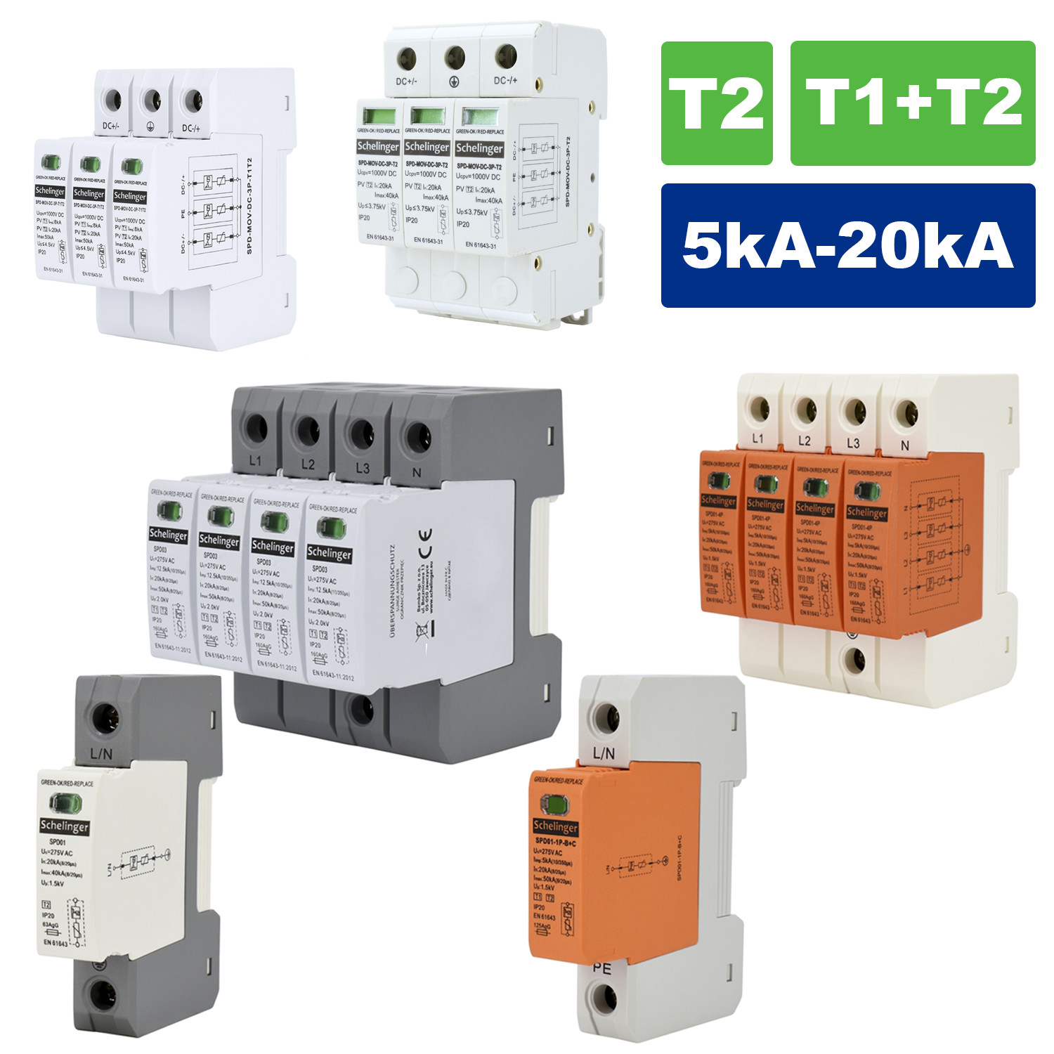 Überspannungsschutz / Blitzschutz / Photovoltaik / PV-Anlage / T2 / T1+T2 / B+C / C / DC / 1-Polig / 4-Polig / 3-Polig