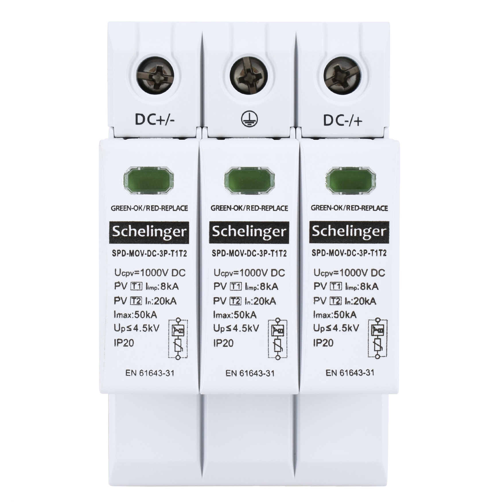 Überspannungsschutz / Blitzschutz / Photovoltaik / PV-Anlage / 3P 8kA DC 1000V T1+T2