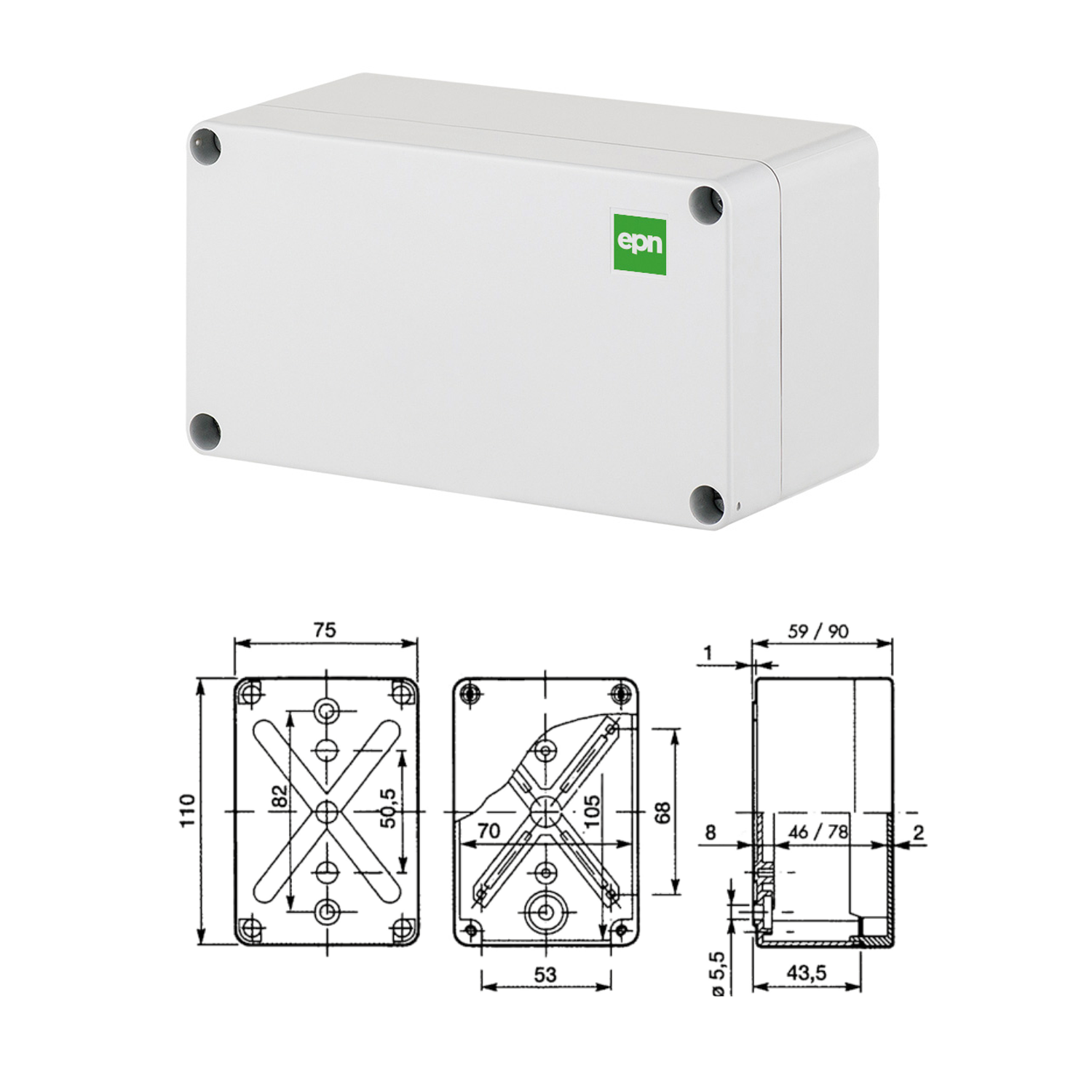 Hochwertige Abzweigdose / Industriebox / Leergehäuse / IP65 / hellgrau / Premium-Qualität / Abmessungen: 110 x 75 x 59
