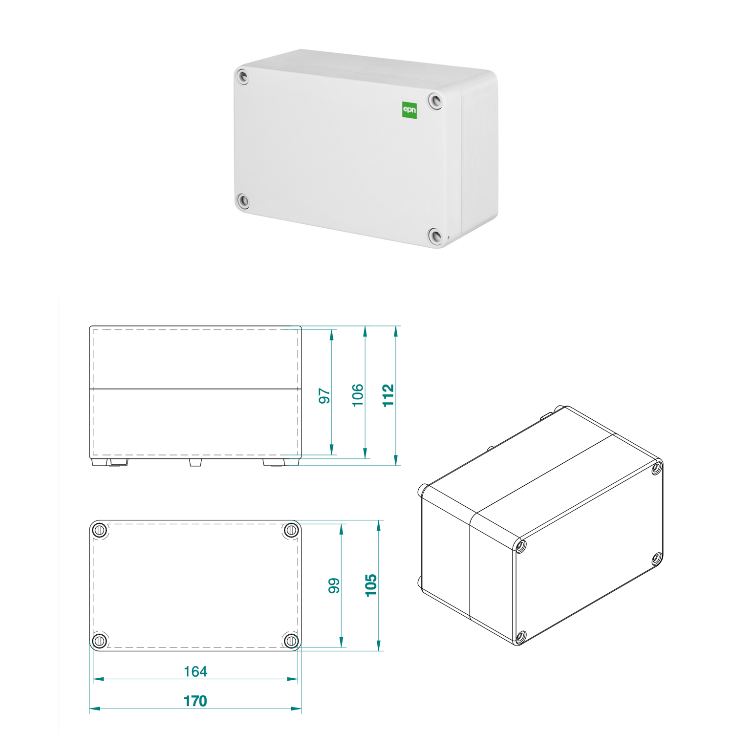 Abzweigdose / Industriebox / Leergehäuse / Schaltkasten / Verteilerkasten / IP65 / weiß 170 x 105 x 112 mm