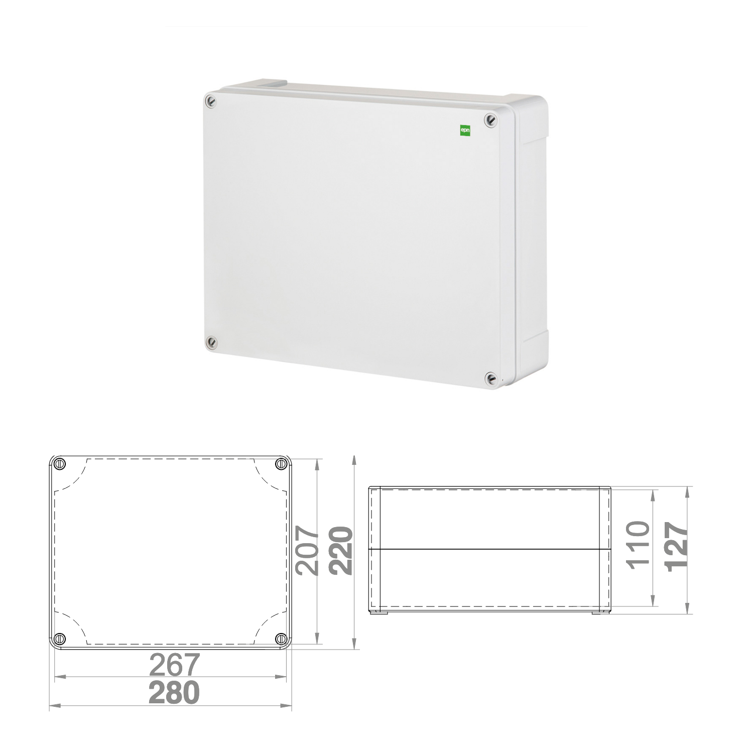 Hochwertige Abzweigdose / Industriebox / Leergehäuse / IP65 / hellgrau / Premium-Qualität / Abmessungen: 280 x 220 x 127