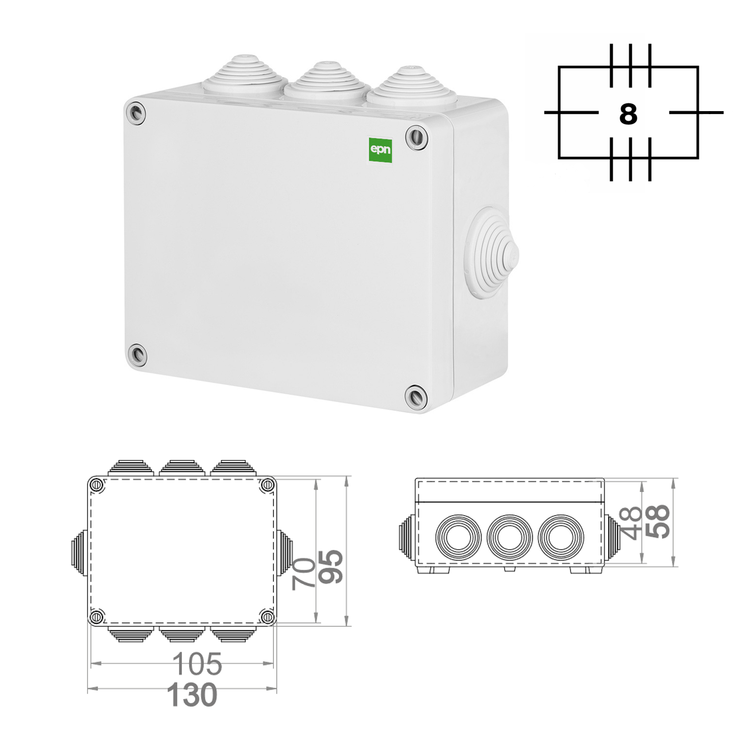 Abzweigdose / Industriebox / Leergehäuse / Schaltkasten / Verteilerkasten / IP55 / weiß mit Dichtungen / 130 x 95 x 58 mm