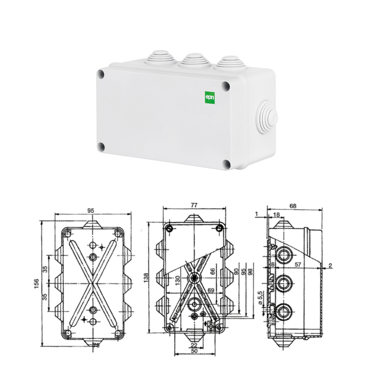 Abzweigdose / Industriebox / Leergehäuse / Schaltkasten / Verteilerkasten / IP55 / weiß mit Dichtungen / 156 x 95 x 68 mm