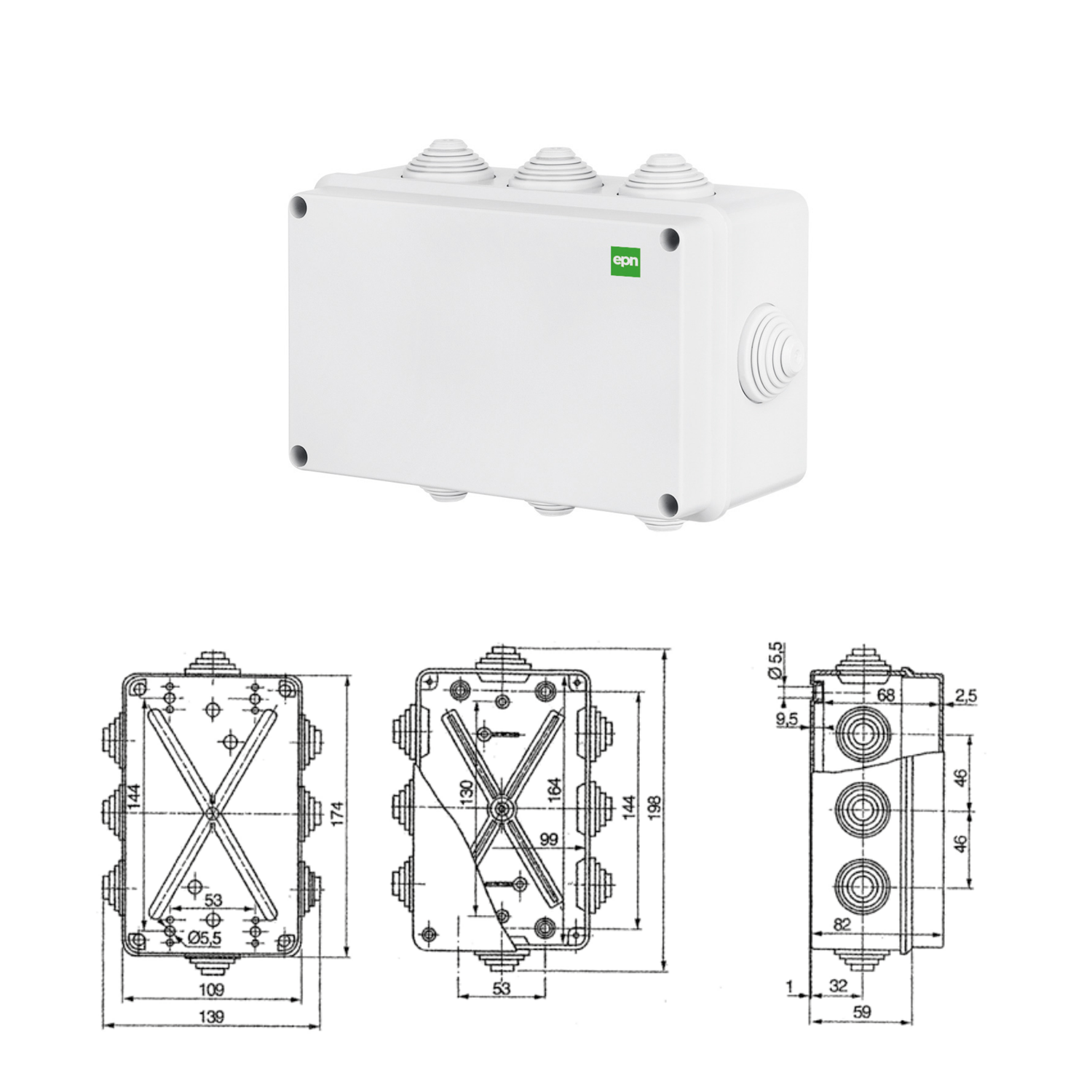 Abzweigdose / Industriebox / Leergehäuse / Schaltkasten / Verteilerkasten / IP55 / weiß mit Dichtungen / 198 x 163 x 80 mm