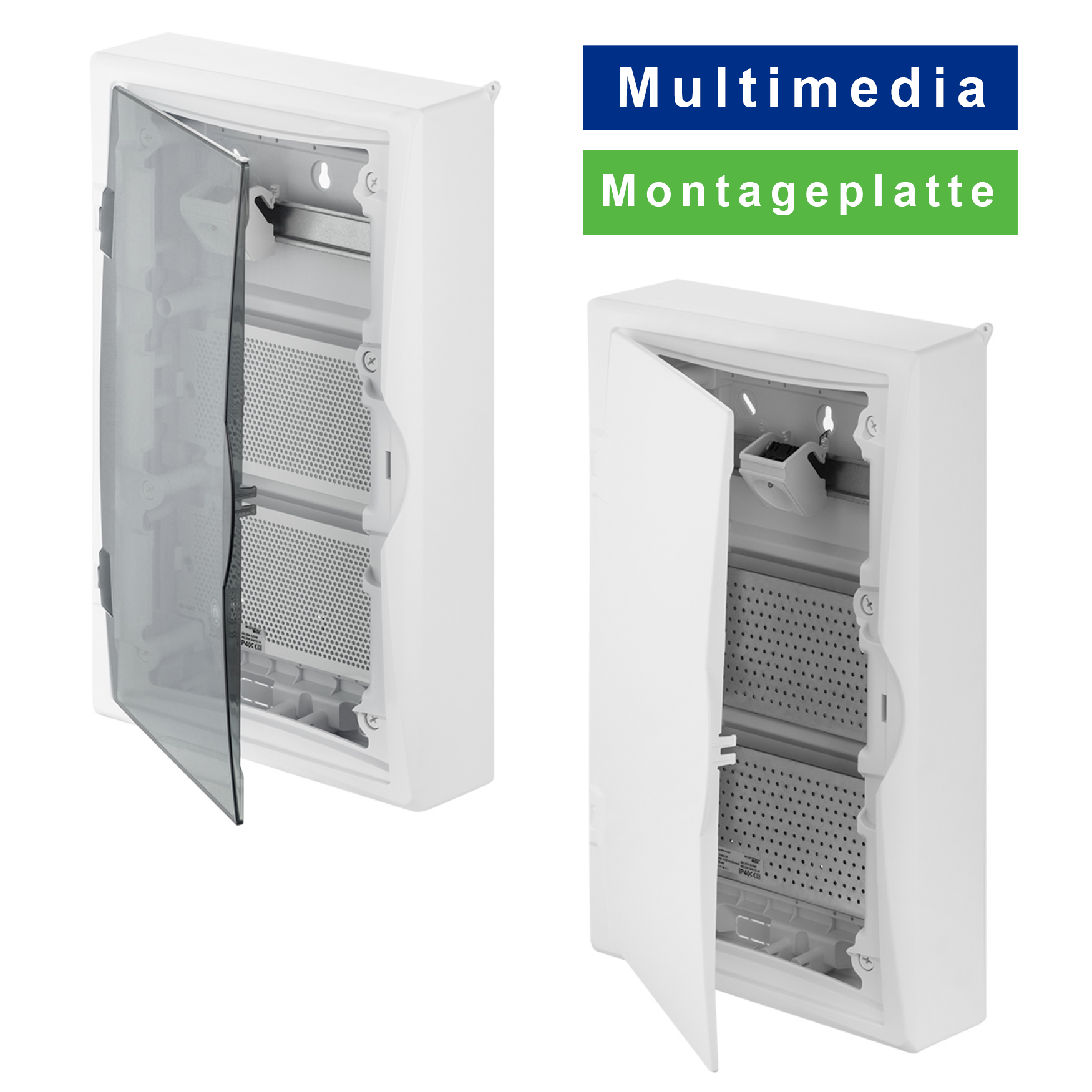 Aufputz / Verteilerkasten / Multimedia Montageplatte / mit Steckdose / Hutschiene / weiß oder transparente Tür