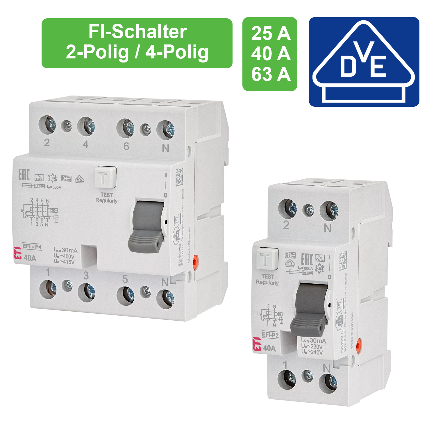 ETI Fehlerstromschutzschalter / FI-Schalter / 2-Polig oder 4-Polig / 30mA / 25A / 40A / 63A