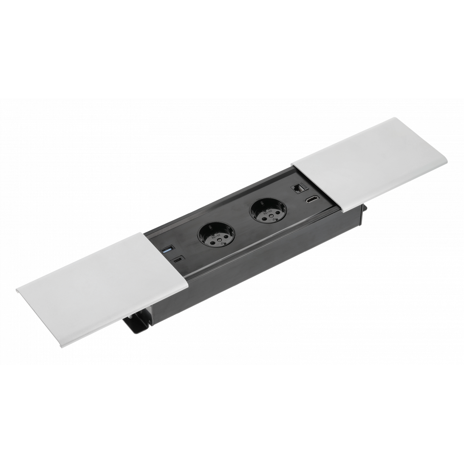 Tischsteckdose / Schreibtischsteckdose / Einbausteckdose / 2-fach / 1x USB A / 1x USB C / 1x HDMI / 1x RJ 45 Ethernet LAN / 1,5m Kabel / silber