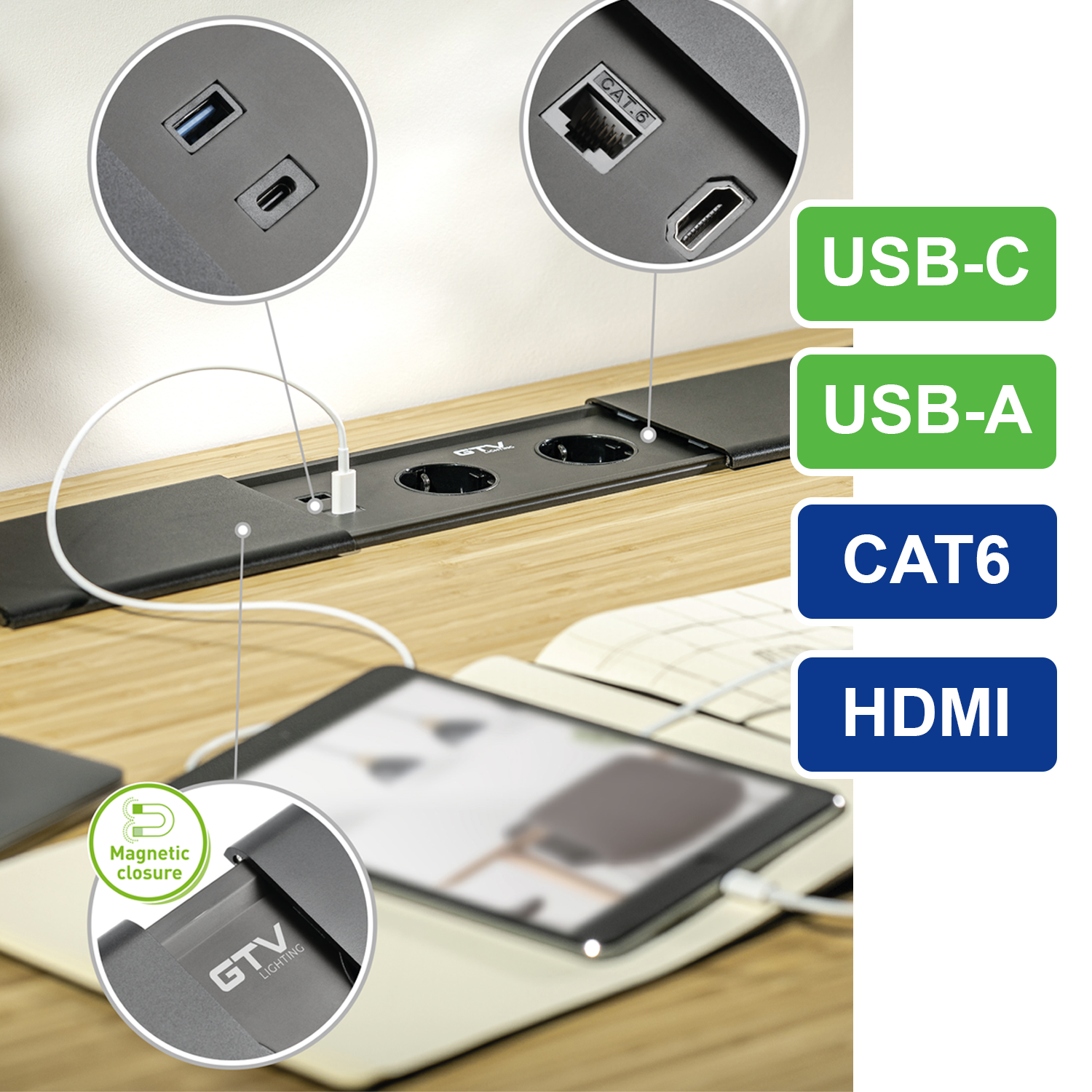 Tischsteckdose / Schreibtischsteckdose / Einbausteckdose / 2-fach / 1x USB A / 1x USB C / 1x HDMI / 1x RJ 45 Ethernet LAN / 1,5m Kabel