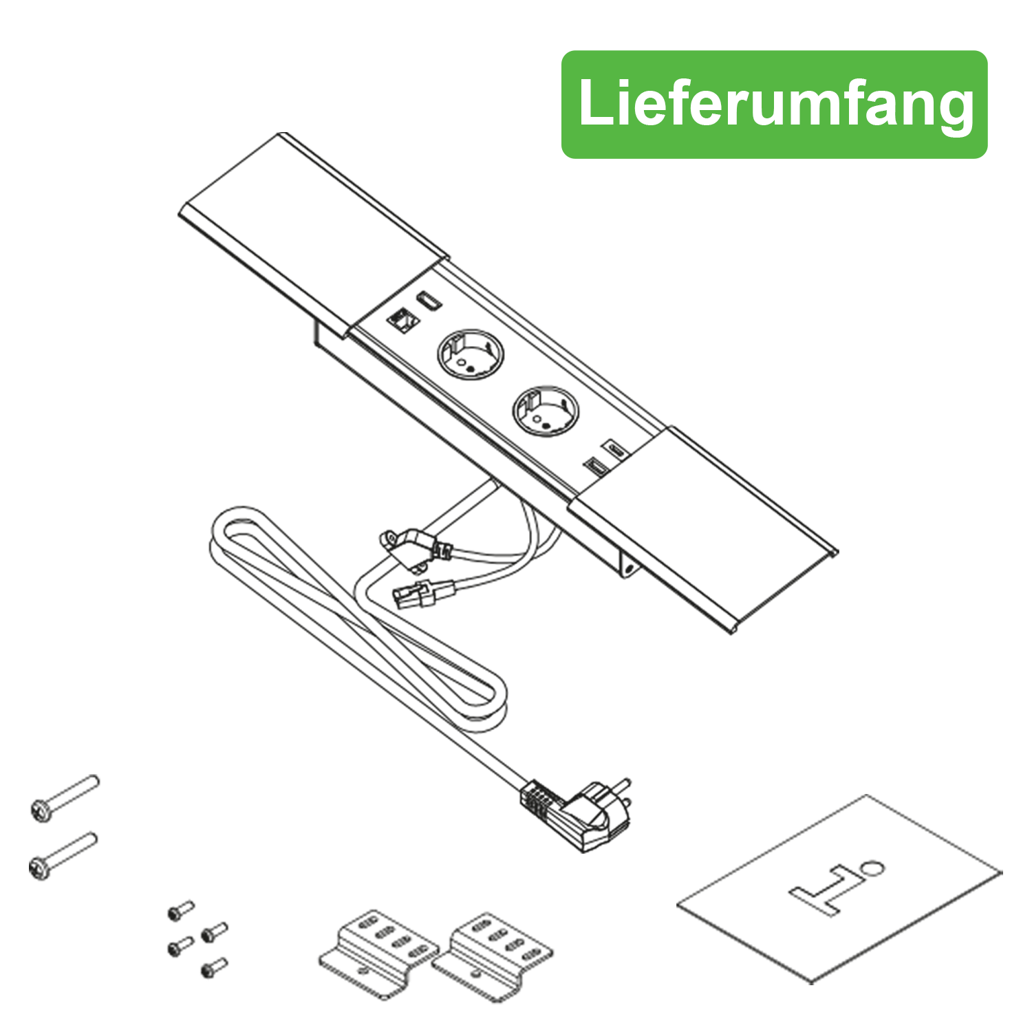 Tischsteckdose / Schreibtischsteckdose / Einbausteckdose / 2-fach / 1x USB A / 1x USB C / 1x HDMI / 1x RJ 45 Ethernet LAN / 1,5m Kabel