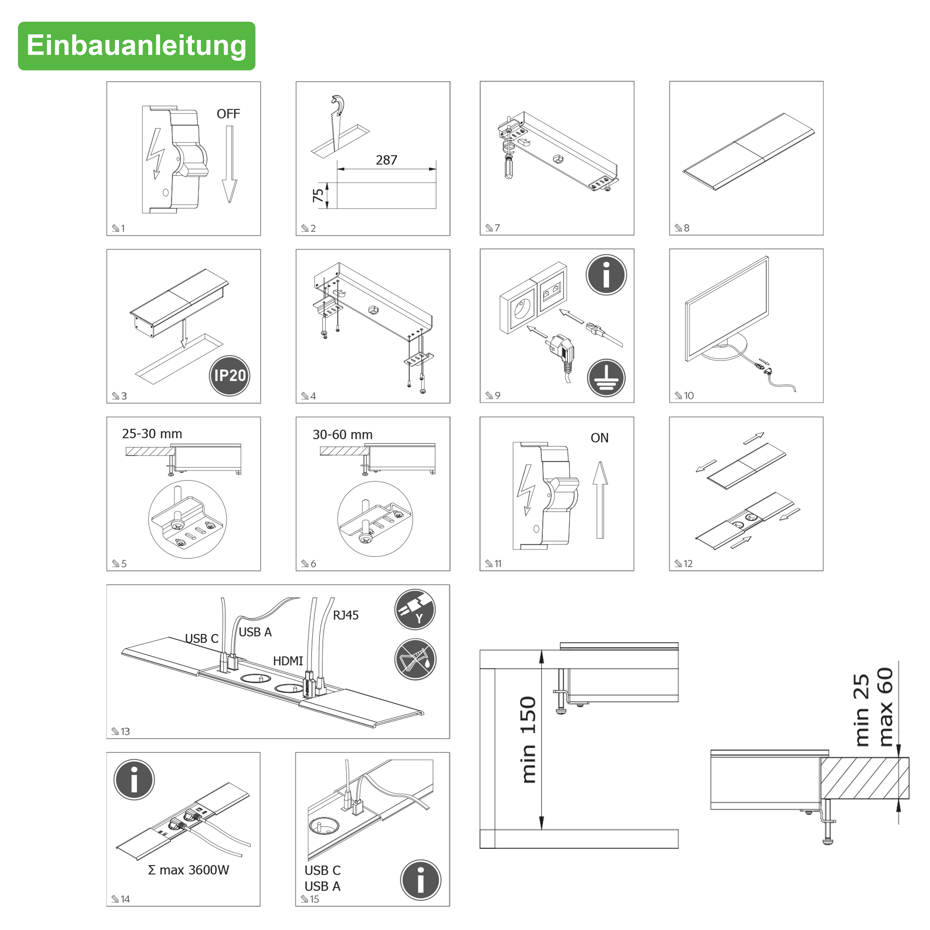 Tischsteckdose / Schreibtischsteckdose / Einbausteckdose / 2-fach / 1x USB A / 1x USB C / 1x HDMI / 1x RJ 45 Ethernet LAN / 1,5m Kabel