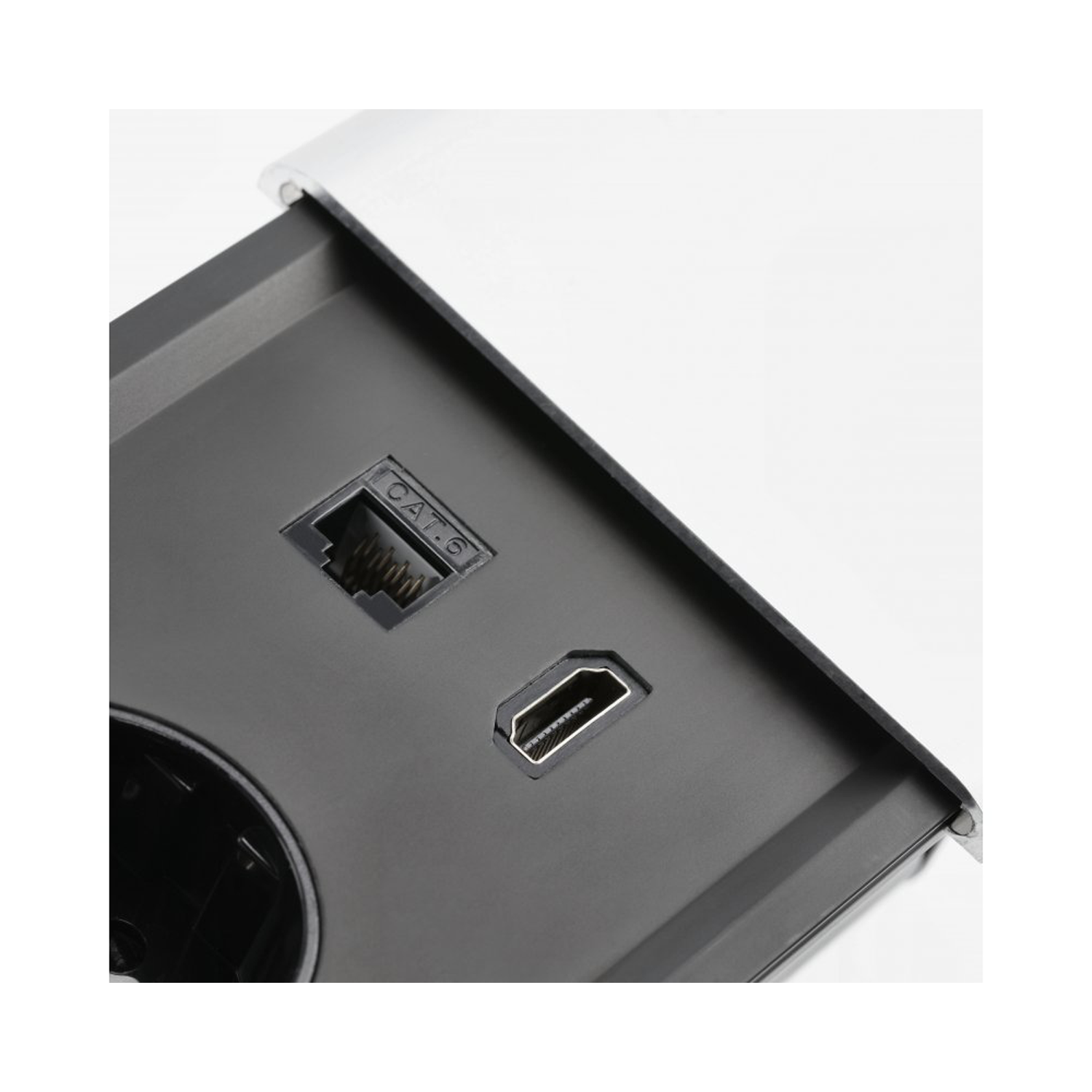 Tischsteckdose / Schreibtischsteckdose / Einbausteckdose / 2-fach / 1x USB A / 1x USB C / 1x HDMI / 1x RJ 45 Ethernet LAN / 1,5m Kabel / silber