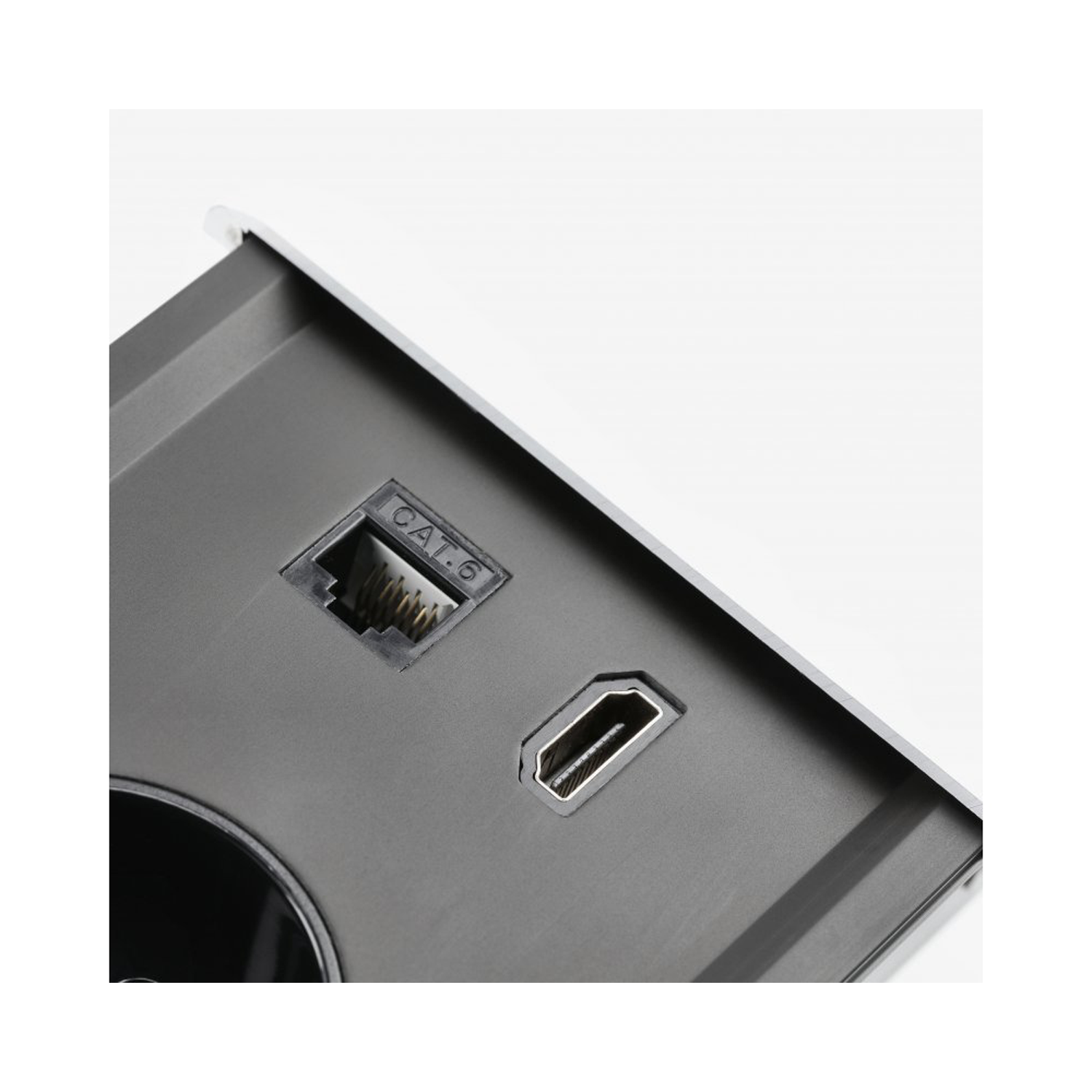 Tischsteckdose / Schreibtischsteckdose / Einbausteckdose / 2-fach / 1x USB A / 1x USB C / 1x HDMI / 1x RJ 45 Ethernet LAN / 1,5m Kabel / weiß