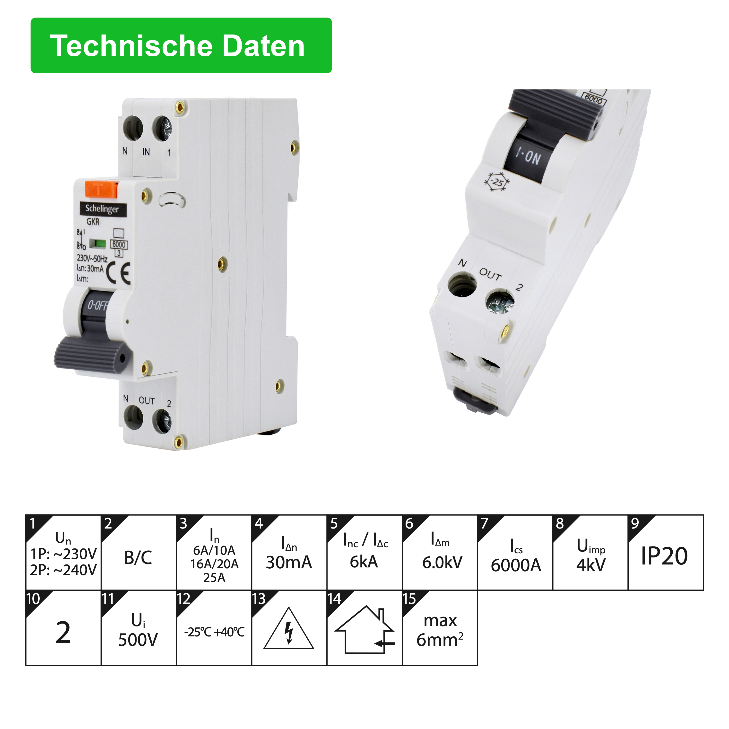 Schelinger Fehlerstromschutzschalter mit integrierterm Leitungsschutzschalter / FI+LS / 1-Polig 30 mA  / B / C / 6A / 10A / 16A / 20A / 25A / 30mA