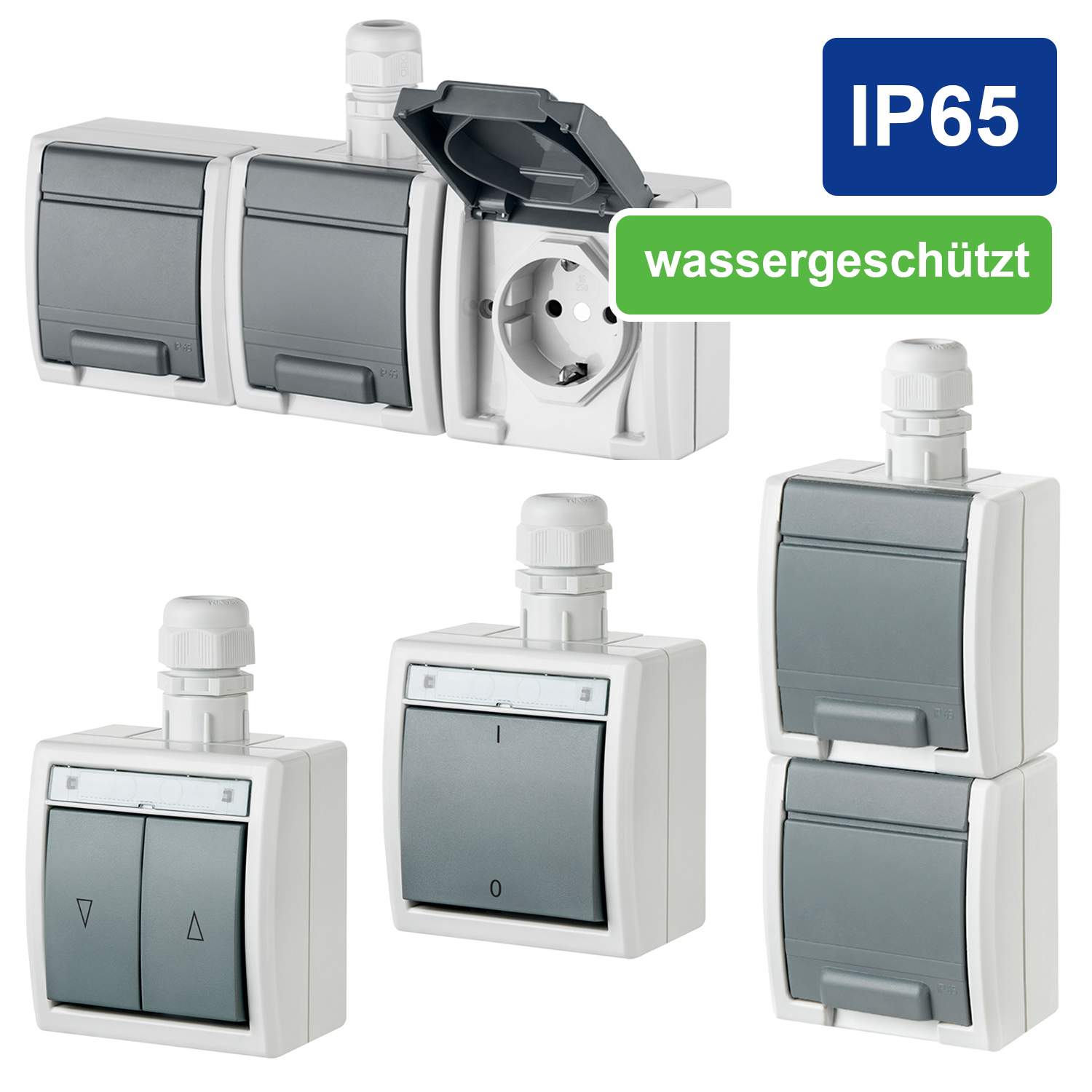 Aufputz-Serie / Steckdose Lichtschalter / Wechselschalter / Taster / Doppelschalter / Feuchtraum / IP65 / wassergeschützt / hellgrau