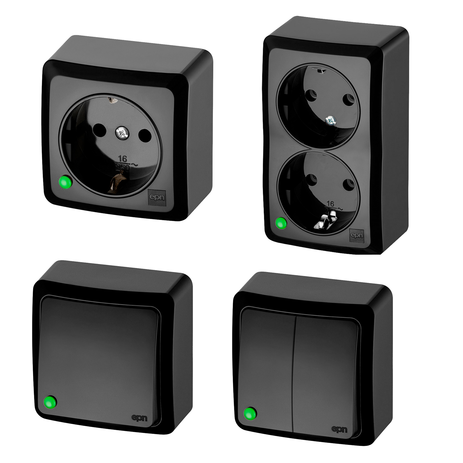 Aufputz-Serie / Lichtschalter / Wechselschalter / Taster / 1-fach Steckdose / 2-fach Steckdose / schwarz