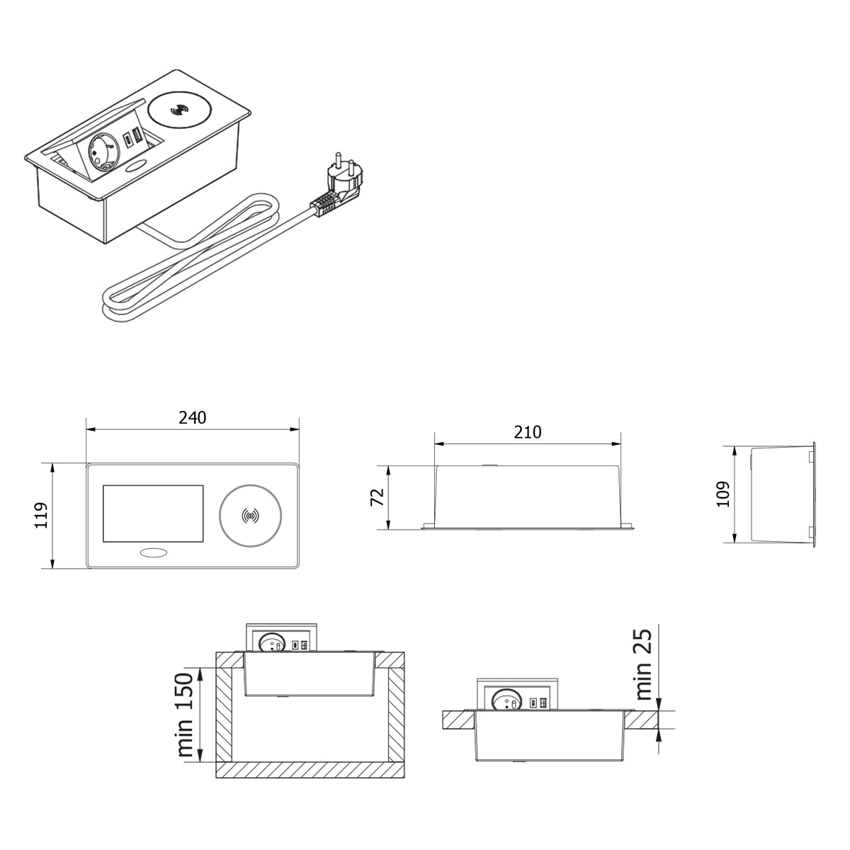 Moderne Tischsteckdose mit USB-A, USB-C und Induktionsladefläche