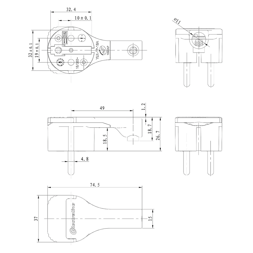 Winkelstecker Schukostecker Flachstecker mit Klappgriff 230V 16A IP20 flach