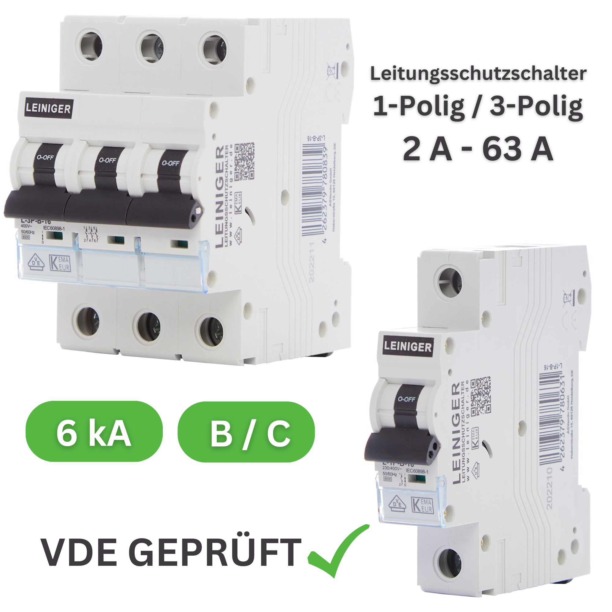 Leiniger Leitungsschutzschalter / LS-Schalter / Sicherungsautomat / 2 A bis 63 A/ 1-polig / 3-polig / VDE geprüft