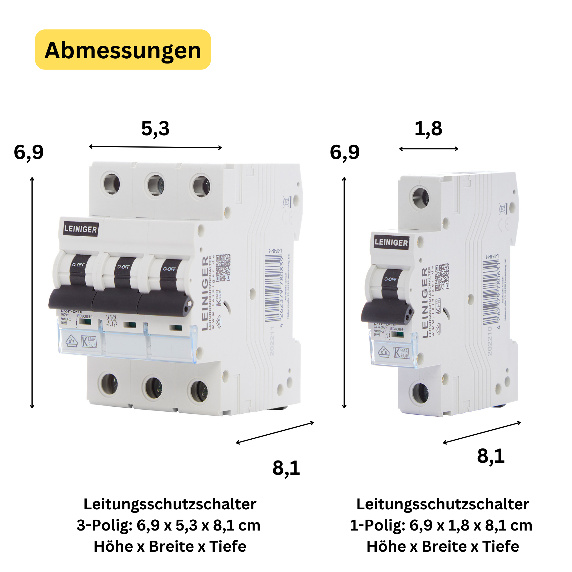 Leiniger Leitungsschutzschalter / LS-Schalter / 1-Polig / 3-Polig / B / C /  6kA / 2A-63A / VDE geprüft