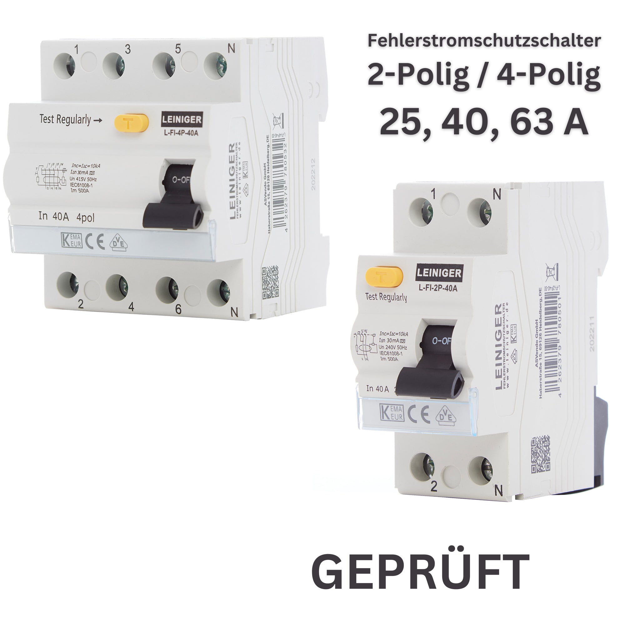 Leiniger / Typ A / Fehlerstromschutzschalter / FI-Schalter / 2-Polig / 4-Polig / 30mA / 10kA / 25A / 40A / 63A / VDE zertifiziert