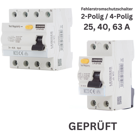 Leiniger / Typ A / Fehlerstromschutzschalter / FI-Schalter / 2-Polig / 4-Polig / 30mA / 10kA / 25A / 40A / 63A / VDE zertifiziert