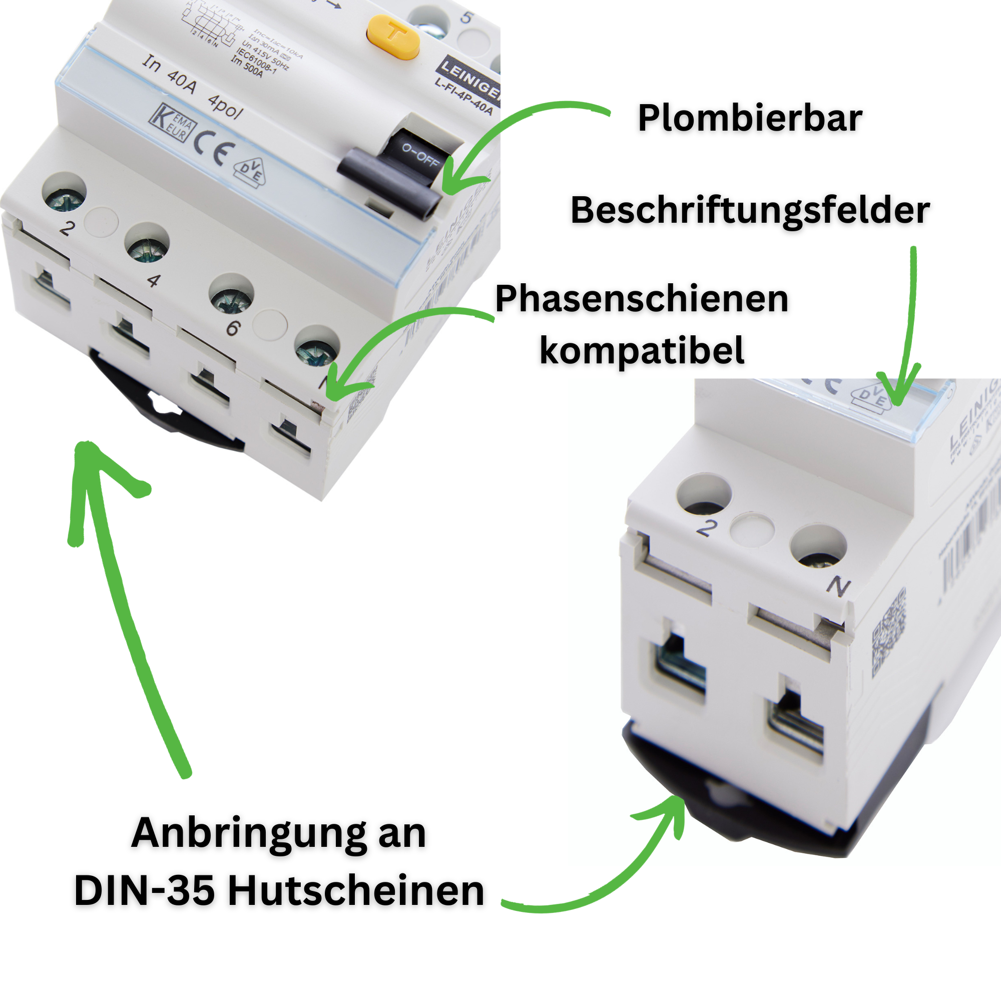 Leiniger / Typ A / Fehlerstromschutzschalter / FI-Schalter / 2-Polig / 4-Polig / 30mA / 10kA / 25A / 40A / 63A / VDE zertifiziert