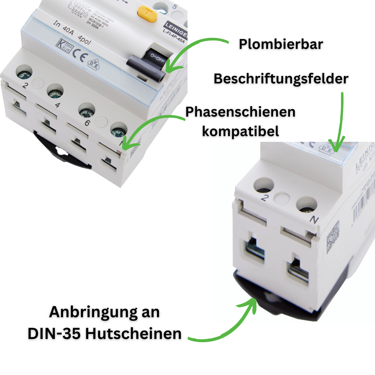 Leiniger / Typ A / Fehlerstromschutzschalter / FI-Schalter / 2-Polig / 4-Polig / 30mA / 10kA / 25A / 40A / 63A / VDE zertifiziert