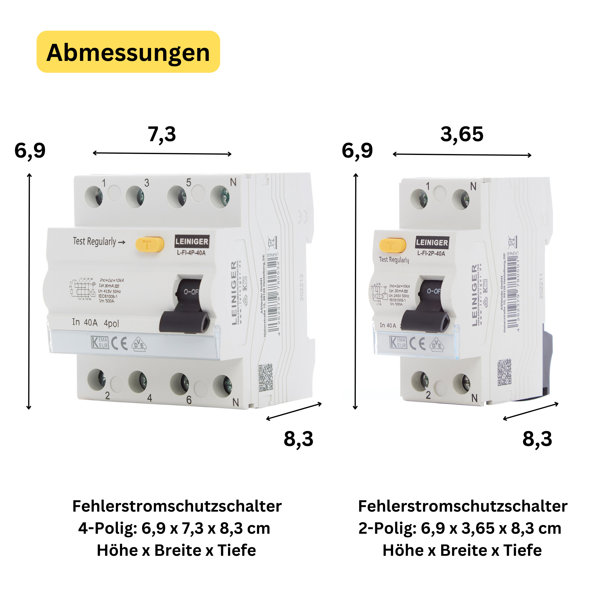 Leiniger / Typ A / Fehlerstromschutzschalter / FI-Schalter / 2-Polig / 4-Polig / 30mA / 10kA / 25A / 40A / 63A / VDE zertifiziert