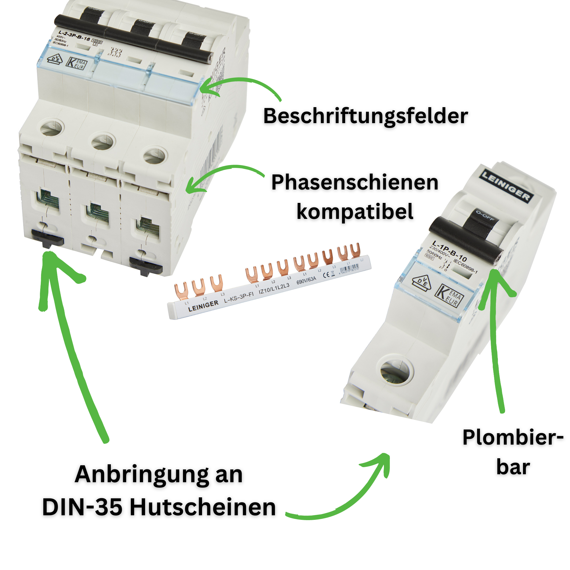 Leiniger Leitungsschutzschalter / LS-Schalter / 1-Polig / 3-Polig / B / C / 10 kA / 2A-63A / VDE geprüft
