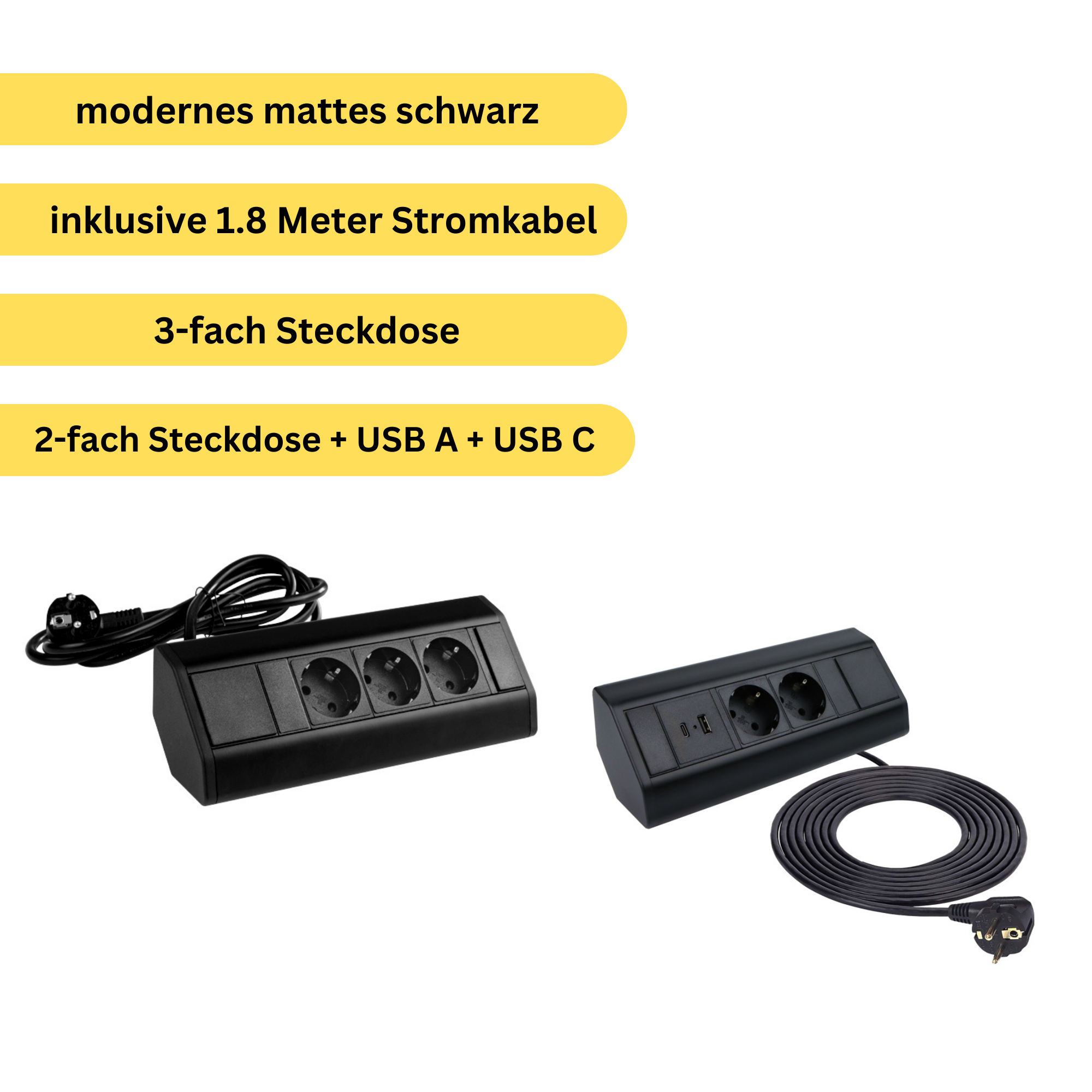 Moderne Tischsteckdose / Schreibtischsteckdose / Einbausteckdose / 3-fach / 2-fach + 1x USB A + 1x USB C / mit 1.8 m Kabel / modernes schwarz