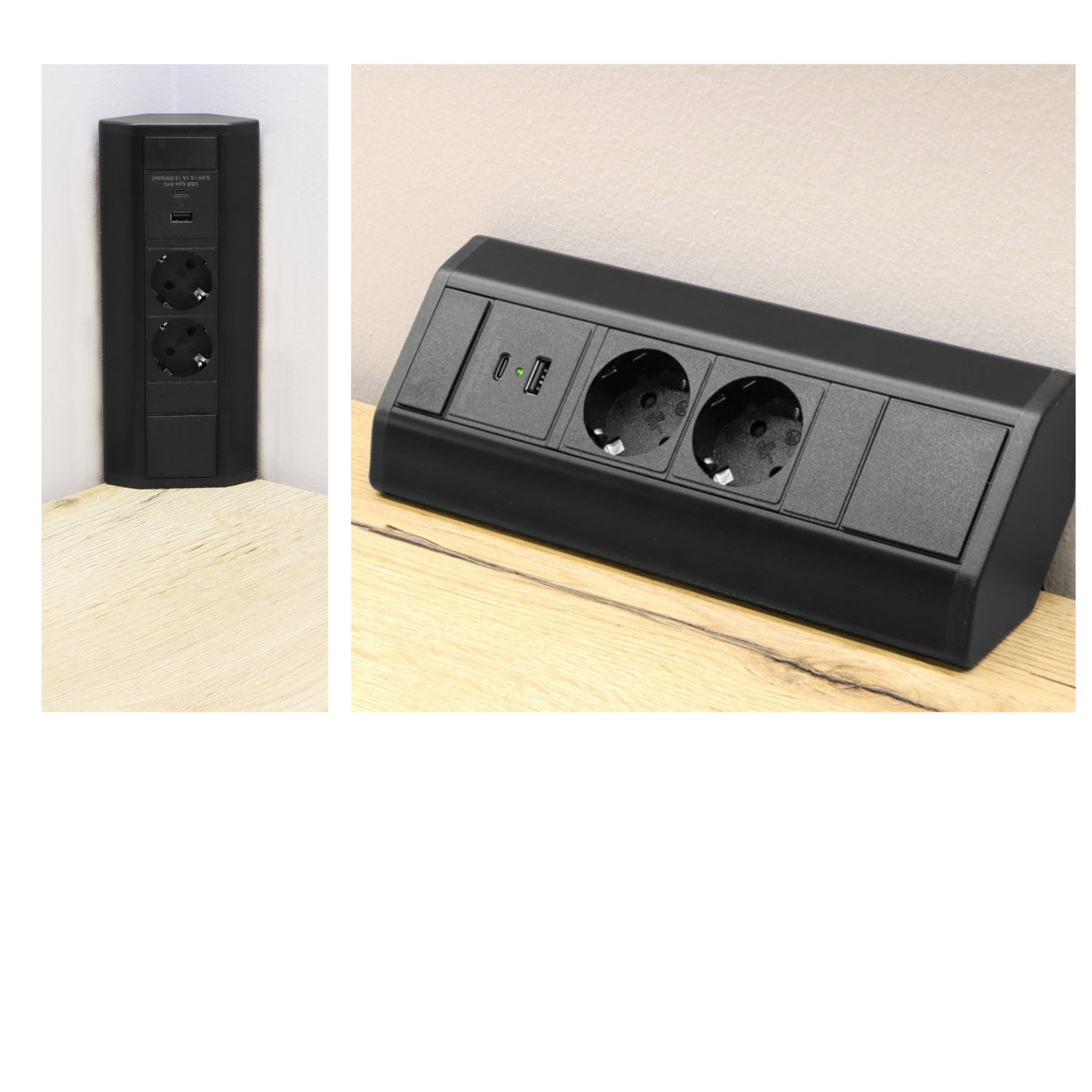 Moderne Tischsteckdose / Schreibtischsteckdose / Einbausteckdose / 3-fach / 2-fach + 1x USB A + 1x USB C / mit 1.8 m Kabel / modernes schwarz