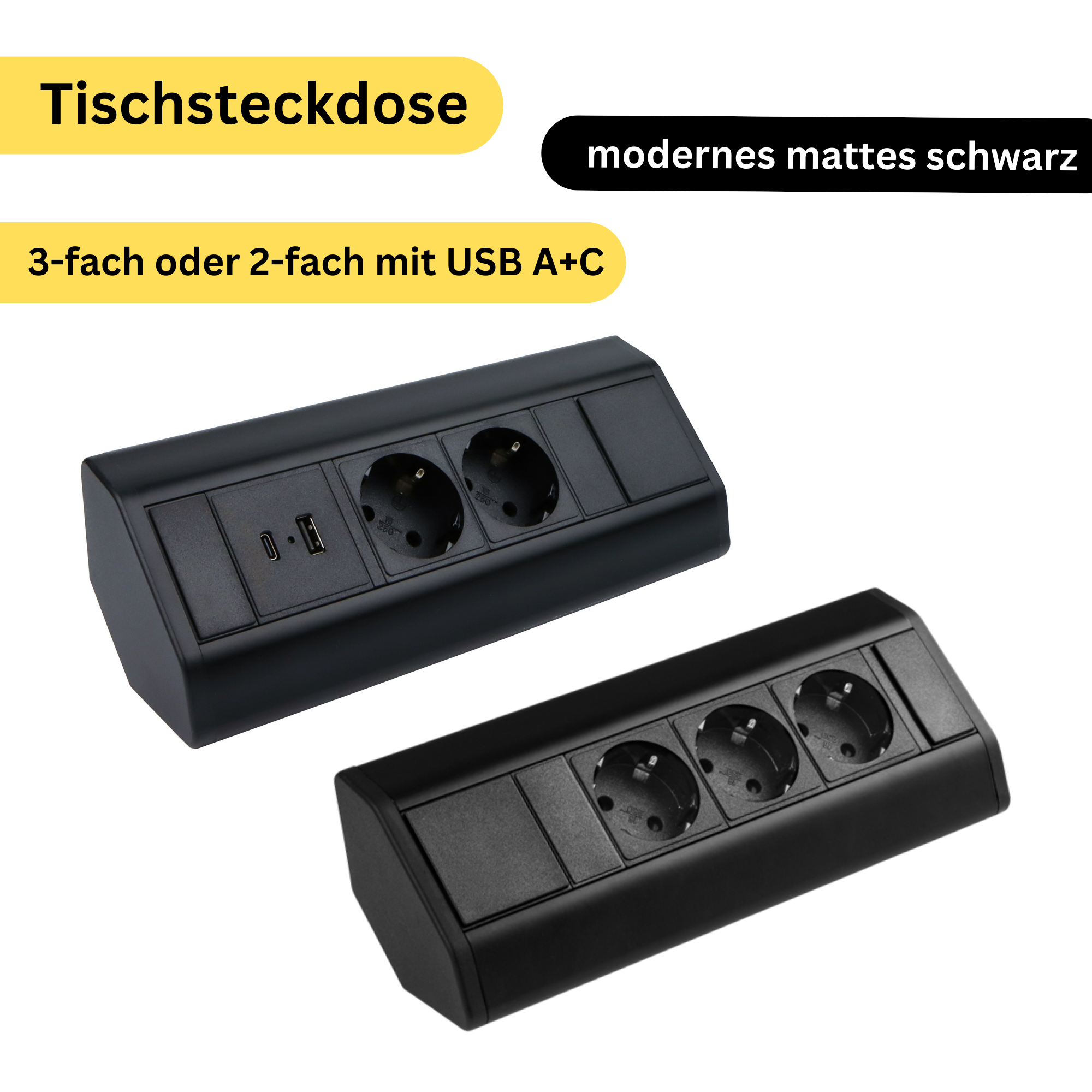 Moderne Tischsteckdose / Schreibtischsteckdose / Einbausteckdose / 3-fach / 2-fach + 1x USB A + 1x USB C / mit 1.8 m Kabel / modernes schwarz
