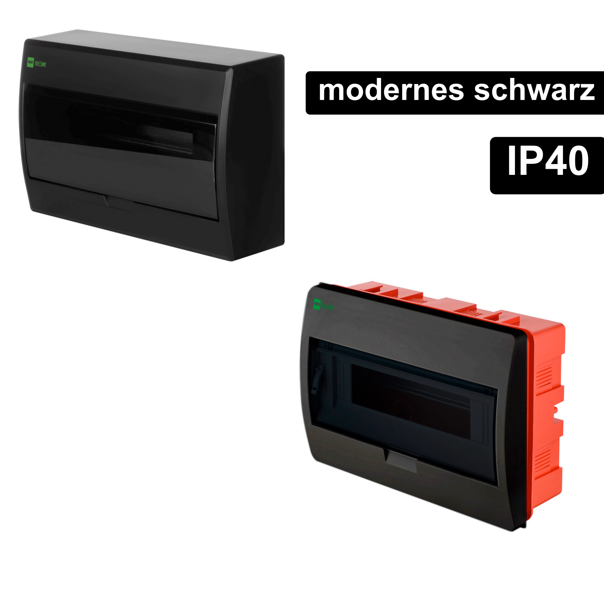 Aufputz und Unterputz / Sicherungskasten / Verteilerkasten / IP 40 / 1-Reihig für 12 Module / mit PE-/N-Klemmen / modernes schwarz