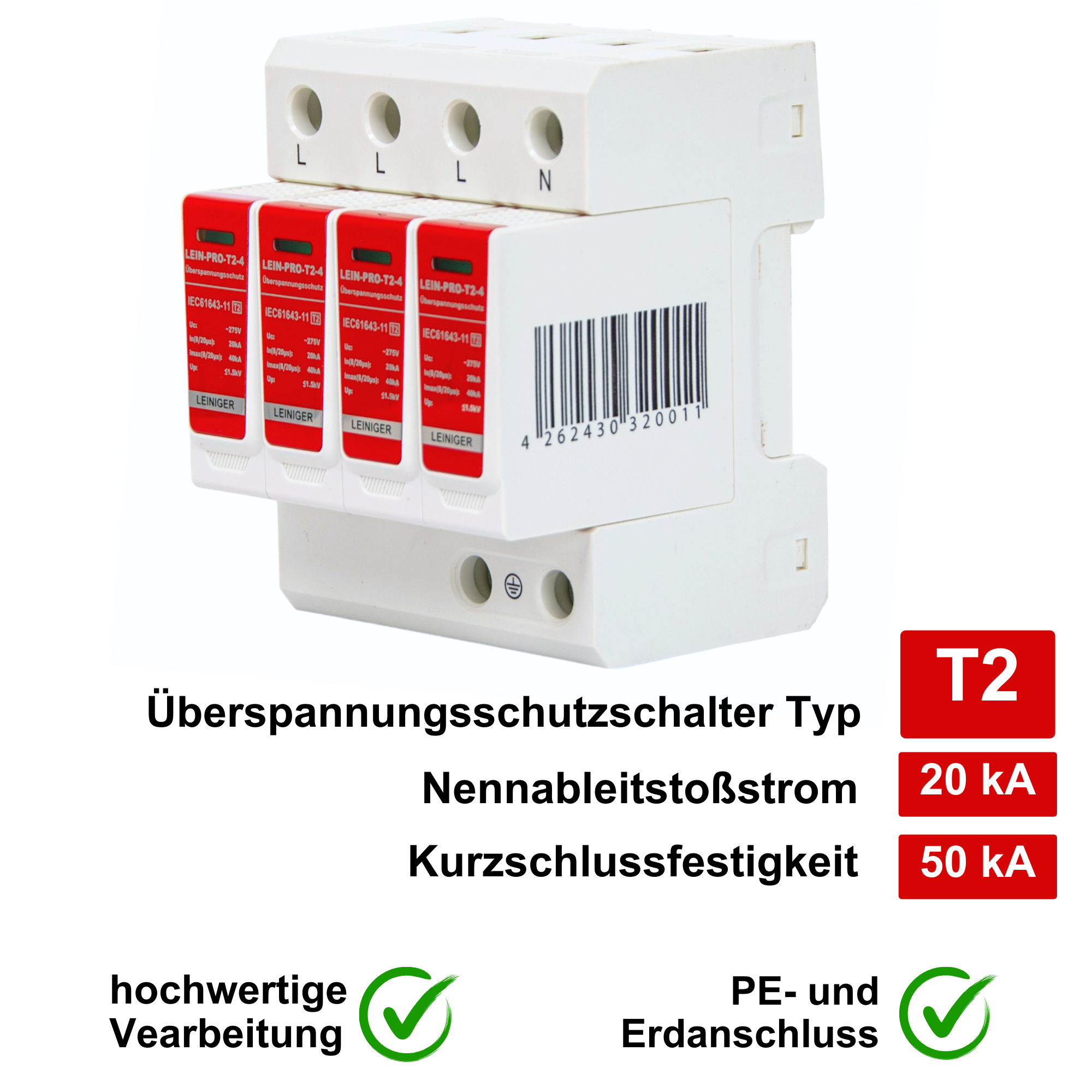 AC Überspannungsschutz T2 PRO / Überspannungsableiter / 4-Polig / geprüft nach Klasse II, Typ 2, hoher maximaler Ableitstrom von 50 kA / PE- und Erdanschluss / Hauptverteilungsschutz, PV-Schutz, E-Ladestationsschutz