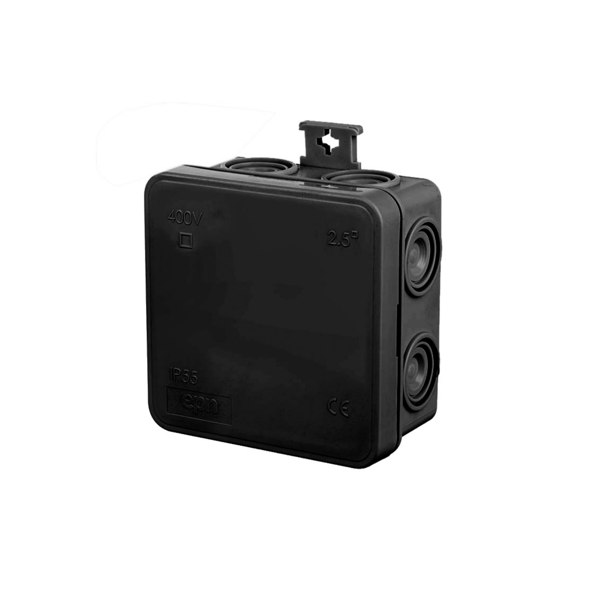 moderne schwarze Abzweigdose, Verteilerdose, Klemmdose / IP 55, feuchtraumgeeignet / halogenfrei / 4, 7, 10 oder 12 Kabeleinführungsmöglichkeiten / rund oder eckig quadratisch / 7 Kabeleinführungen