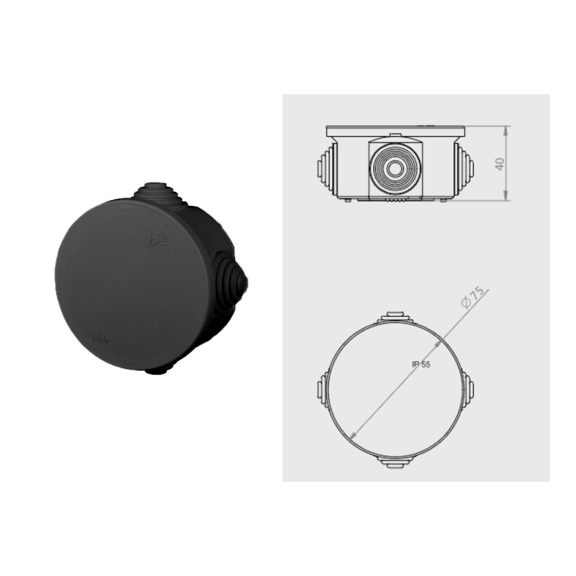 moderne schwarze Abzweigdose, Verteilerdose, Klemmdose / IP 55, feuchtraumgeeignet / halogenfrei / 4, 7, 10 oder 12 Kabeleinführungsmöglichkeiten / rund oder eckig rund / 4 Kabeleinführungen