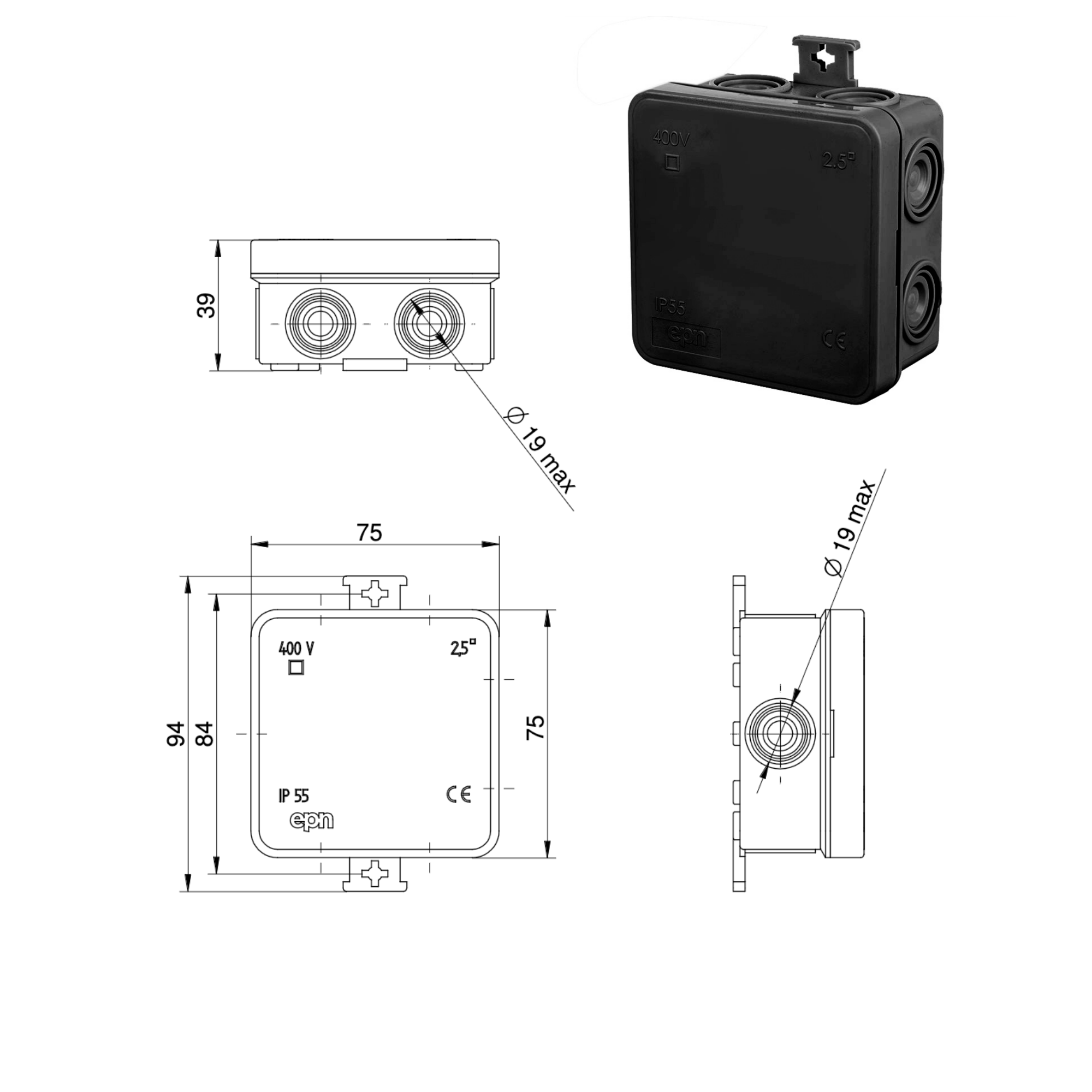 moderne schwarze Abzweigdose, Verteilerdose, Klemmdose / IP 55, feuchtraumgeeignet / halogenfrei / 4, 7, 10 oder 12 Kabeleinführungsmöglichkeiten / rund oder eckig quadratisch / 7 Kabeleinführungen