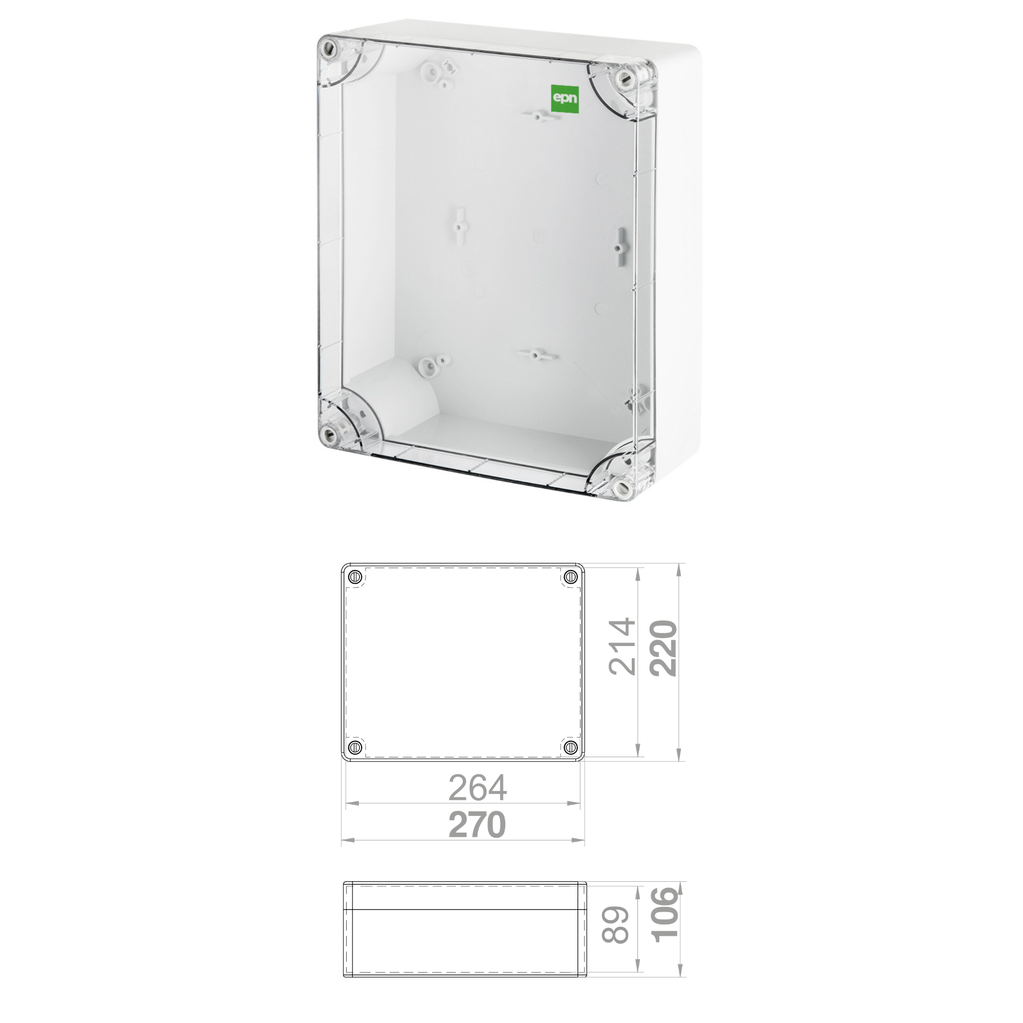 Hochwertige Abzweigdose / Industriebox / Leergehäuse / IP65 / grau mit transparenter Front / 270 x 220 x 106 mm