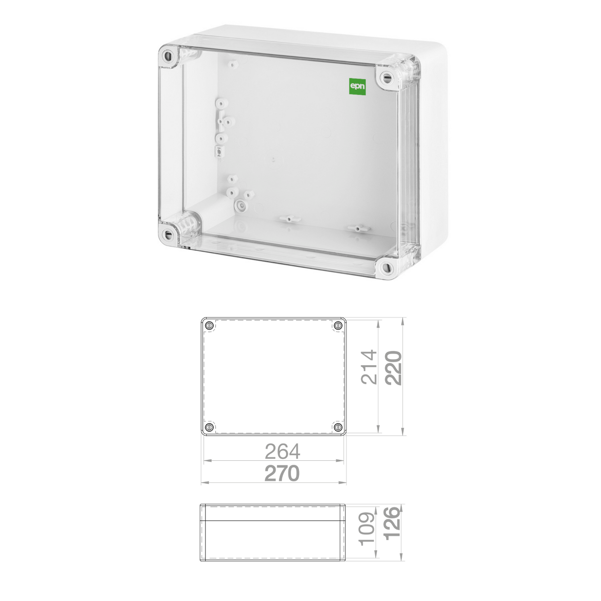 Hochwertige Abzweigdose / Industriebox / Leergehäuse / IP65 / grau mit transparenter Front / 270 x 220 x 126 mm