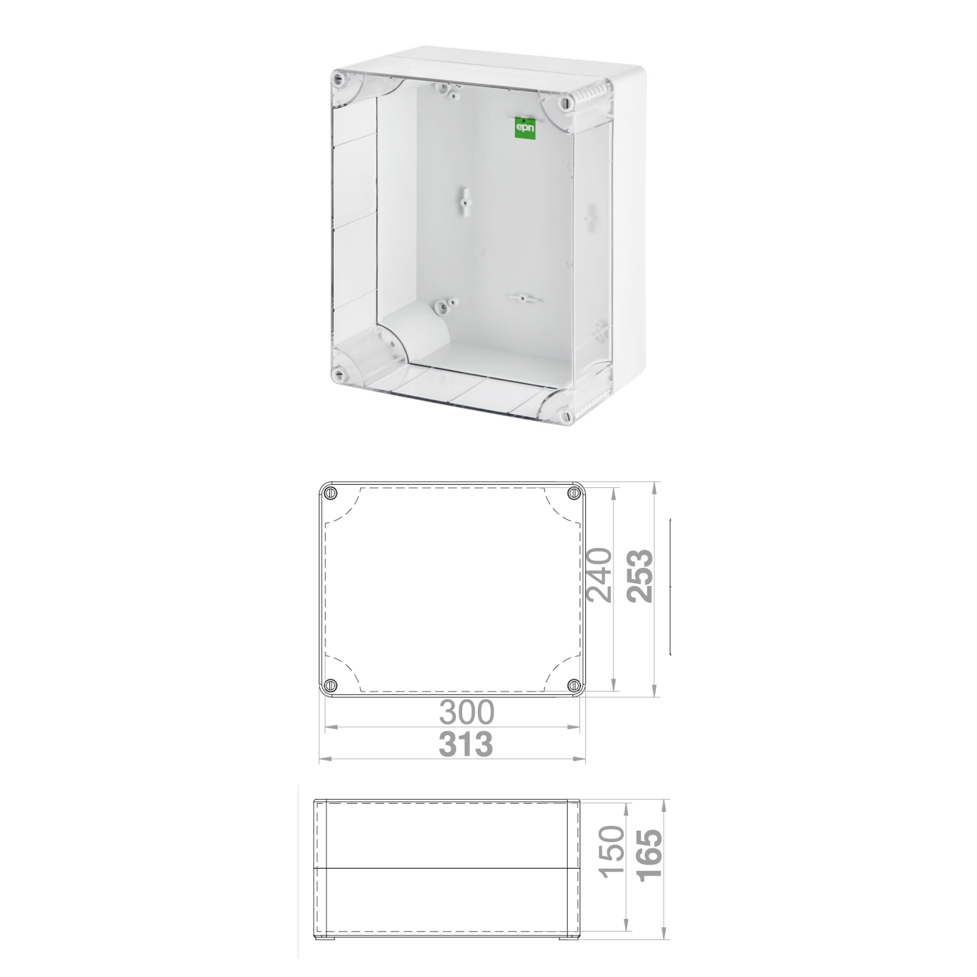 Hochwertige Abzweigdose / Industriebox / Leergehäuse / IP65 / grau mit transparenter Front / 313 x 253 x 165 mm