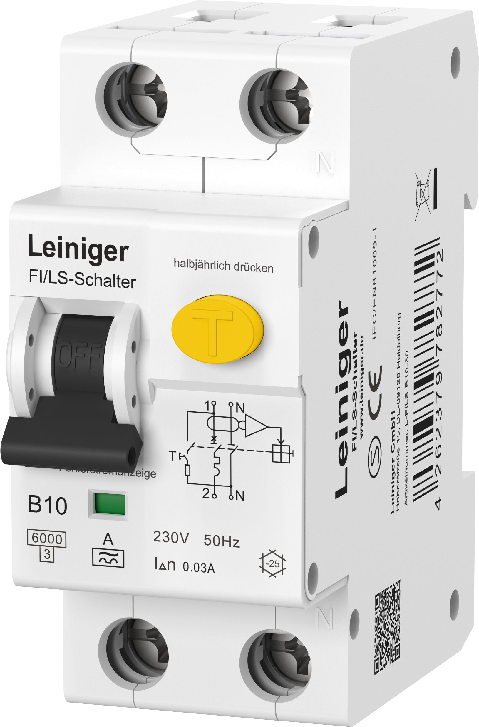 Leiniger Fehlerstromschutzschalter mit integriertem Leitungsschutzschalter / Typ A / 6 kA / 30 mA / B und C / 10A, 16A, 20A, 25A