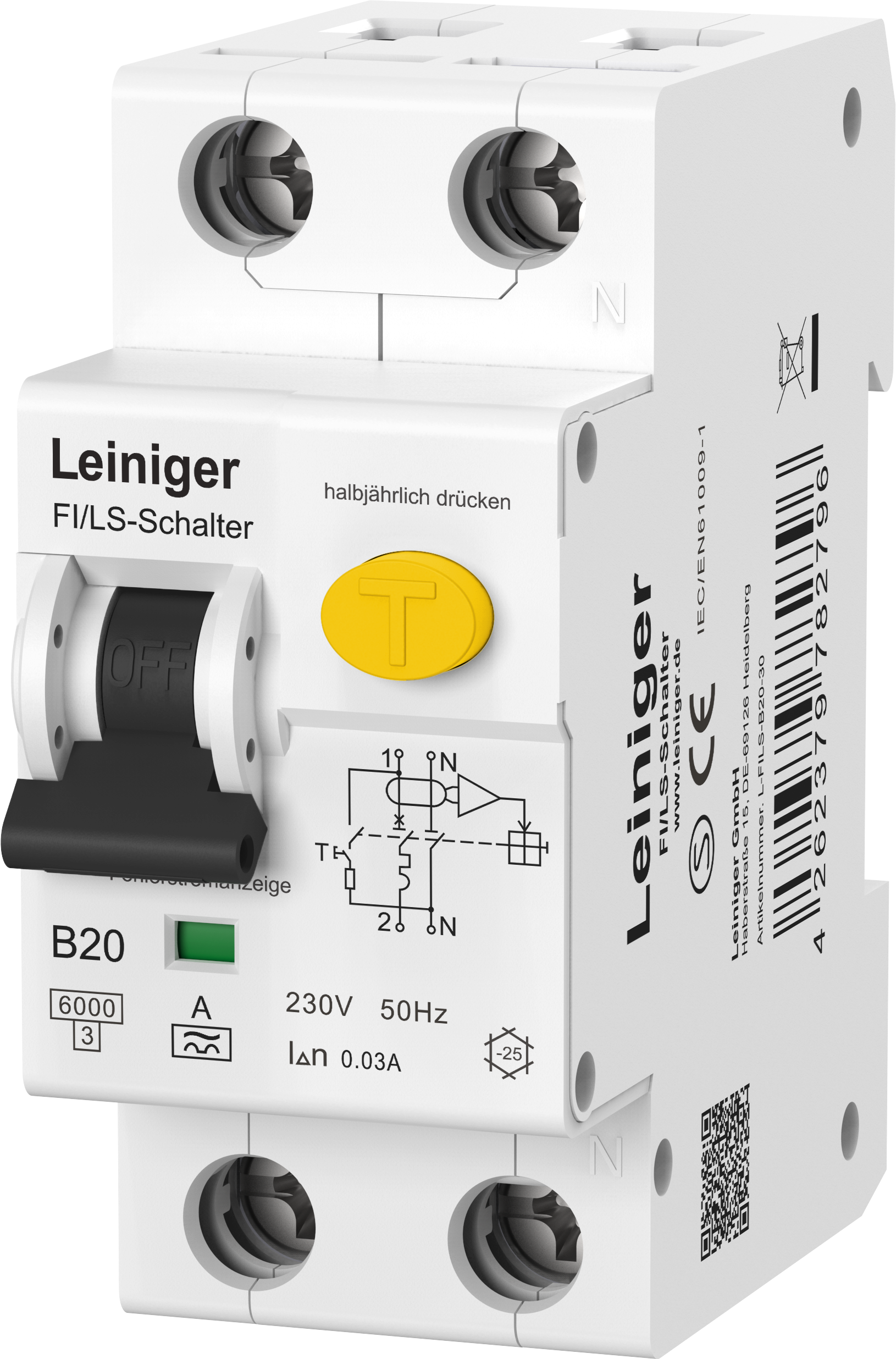 LEINIGER Fehlerstromschutzschalter mit integriertem Leitungsschutzschalter / Typ A / 6 kA / 30 mA / B / 20 A