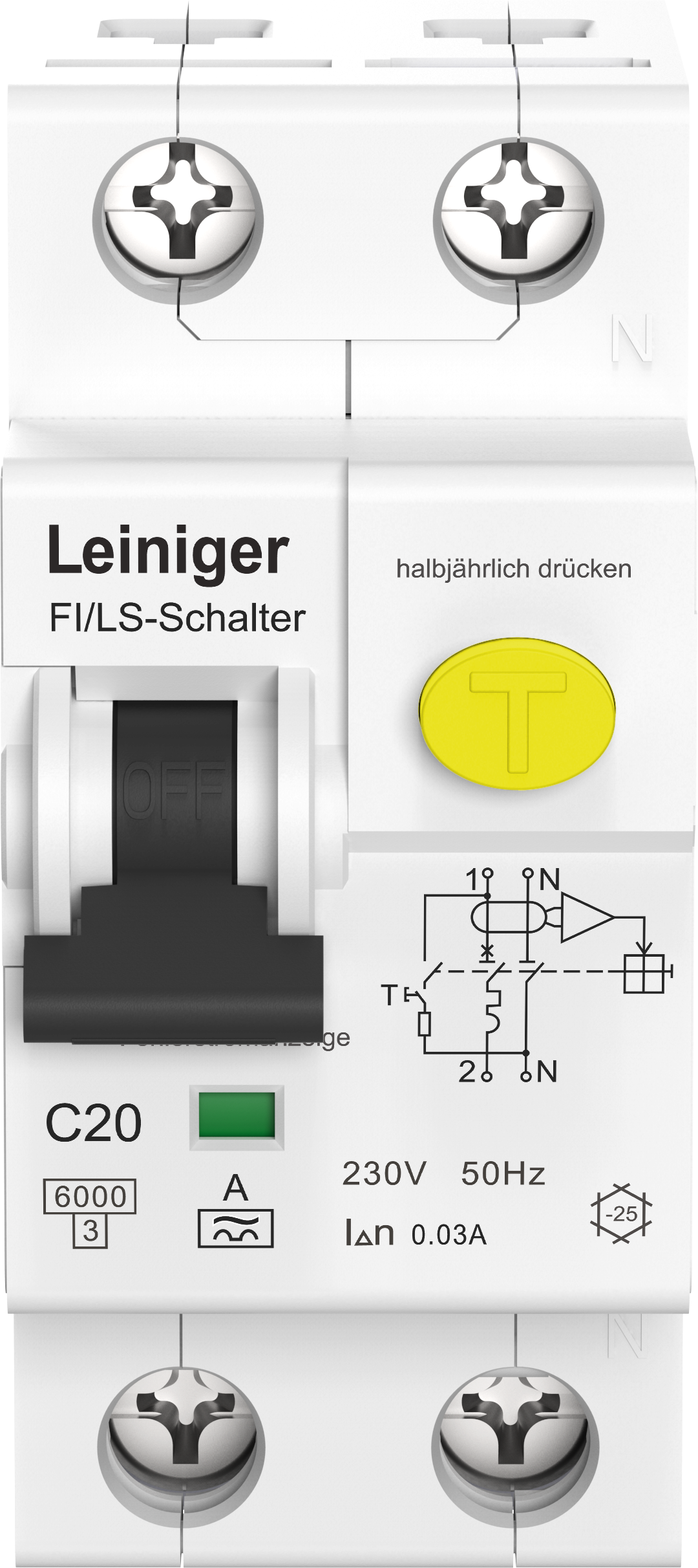 LEINIGER Fehlerstromschutzschalter mit integriertem Leitungsschutzschalter / Typ A / 6 kA / 30 mA / C / 20 A