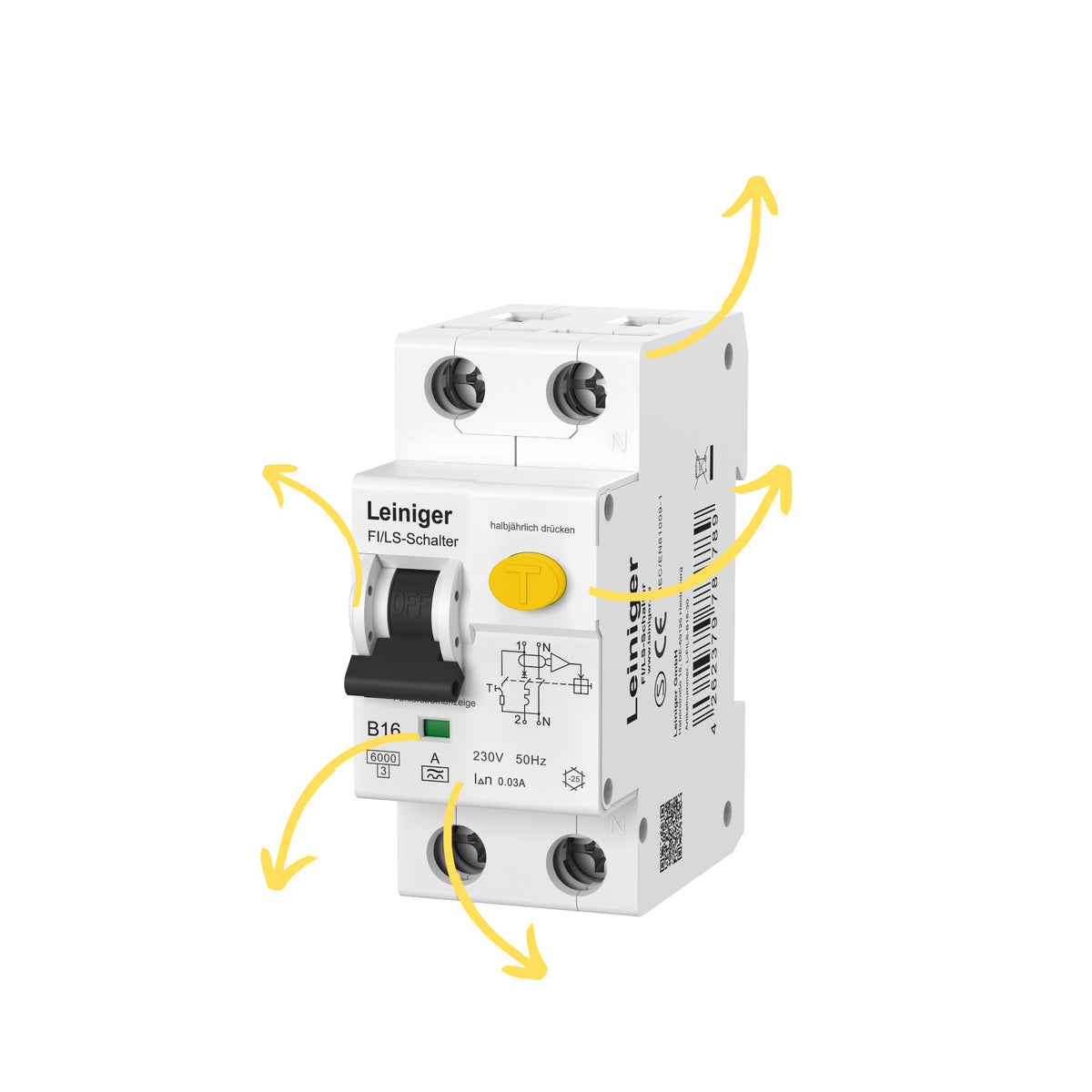Leiniger Fehlerstromschutzschalter mit integriertem Leitungsschutzschalter / Typ A / 6 kA / 30 mA / B und C / 10A, 16A, 20A, 25A