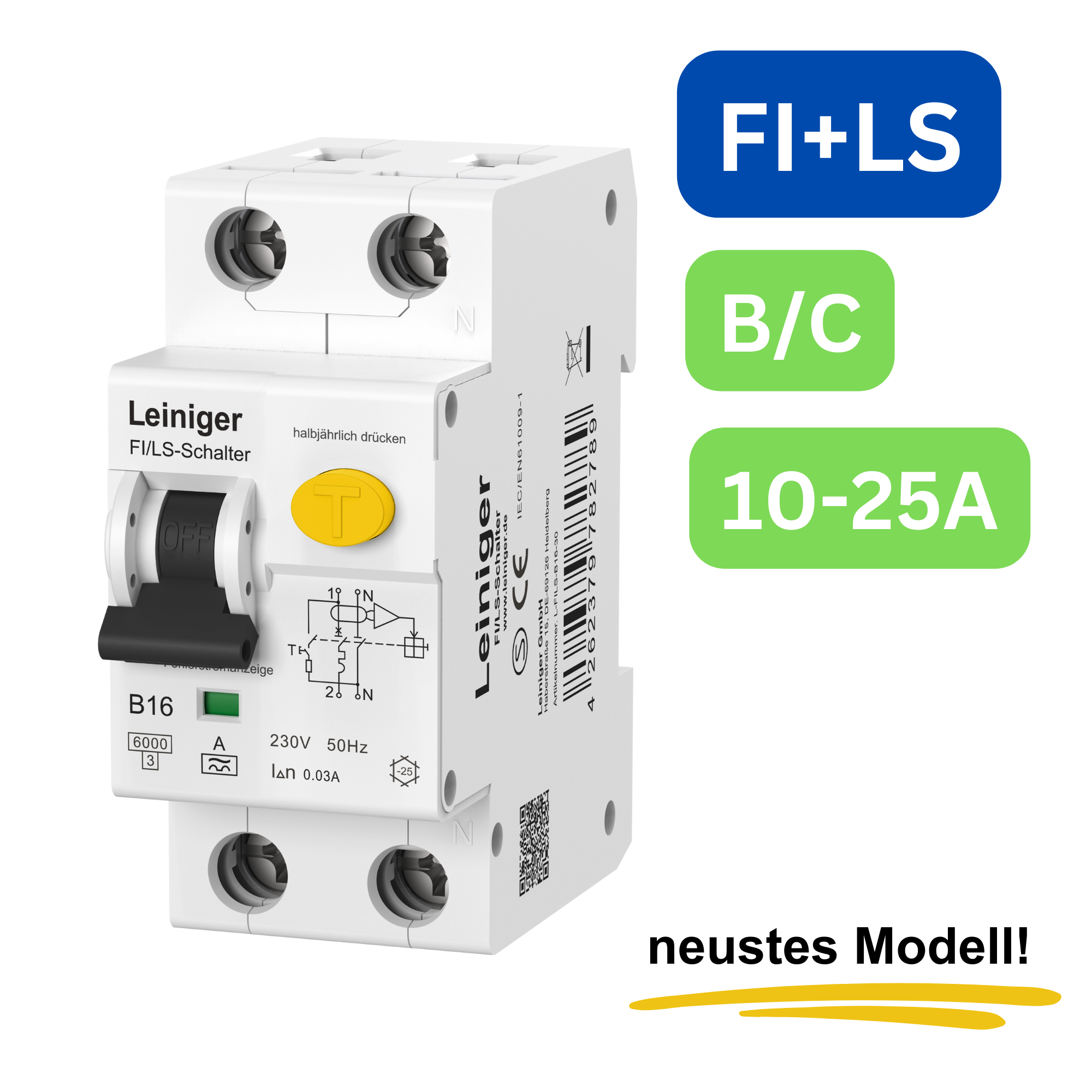Leiniger Fehlerstromschutzschalter mit integriertem Leitungsschutzschalter / Typ A / 6 kA / 30 mA / B und C / 10A, 16A, 20A, 25A