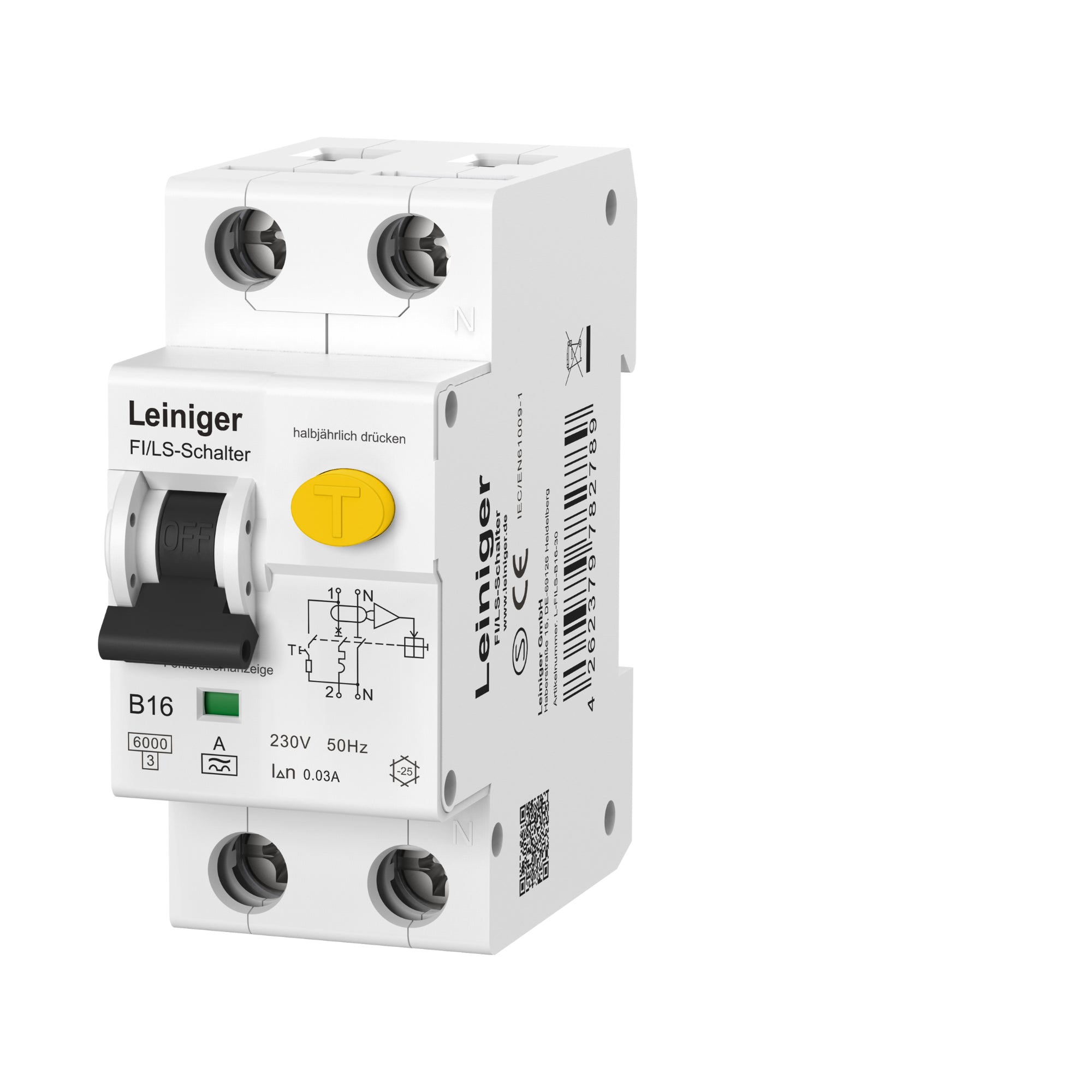 LEINIGER Fehlerstromschutzschalter mit Leitungsschutzschalter / FI+LS / 2-Polig 30 mA  / B16 / B25 / C16 / C25