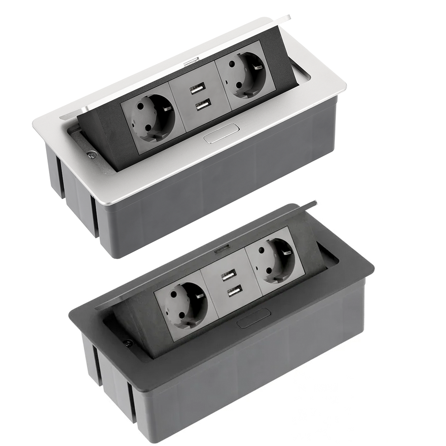 Tischsteckdose Bodensteckdose Küchensteckdose Büro 2-fach 2 USB Aluminium silber schwarz